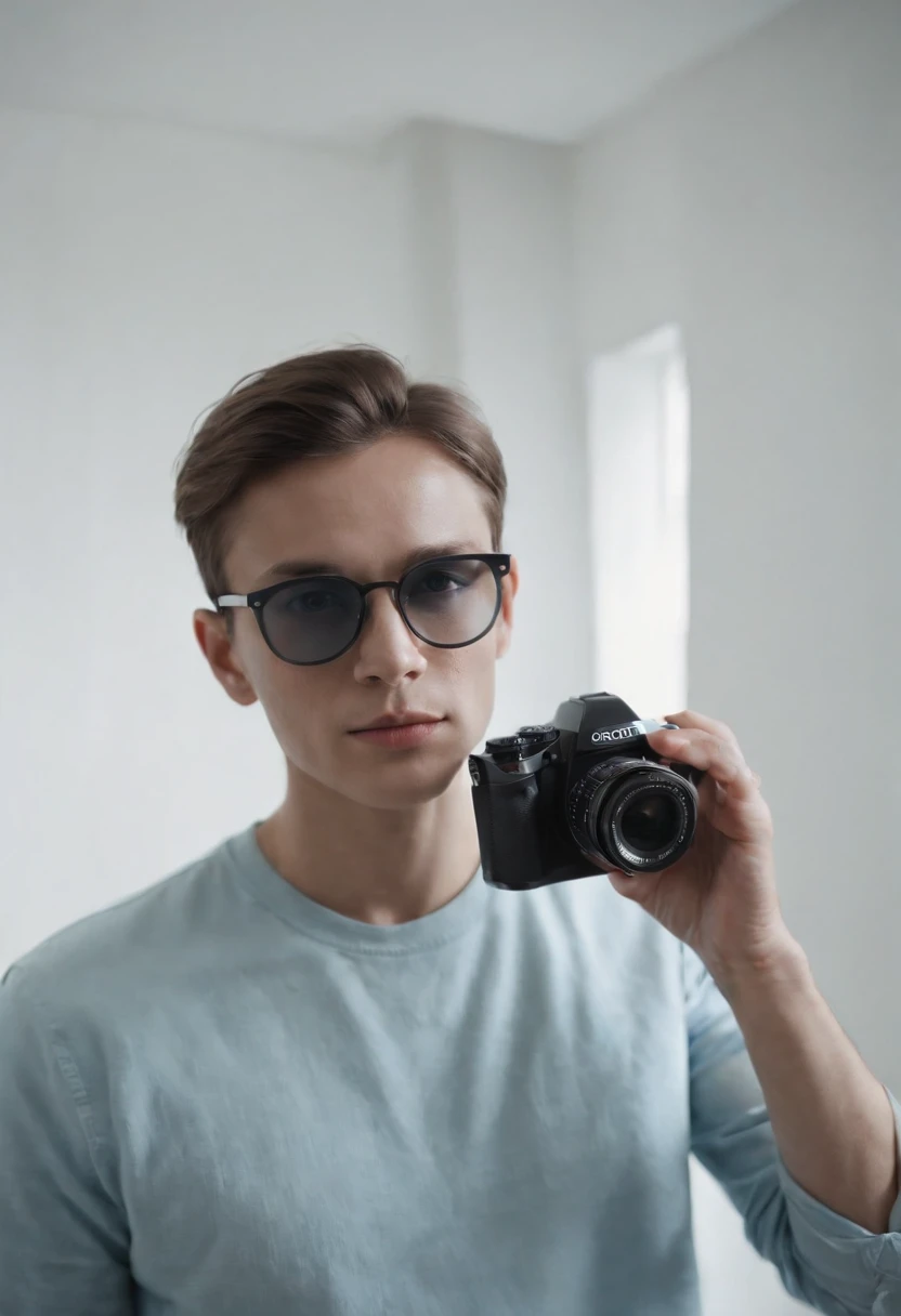 a man in dark glasses taking a picture in a room, in the style of normcore, sovietwave, rick owens, light gray and light blue, sharp edges, lit ???, matti suuronen