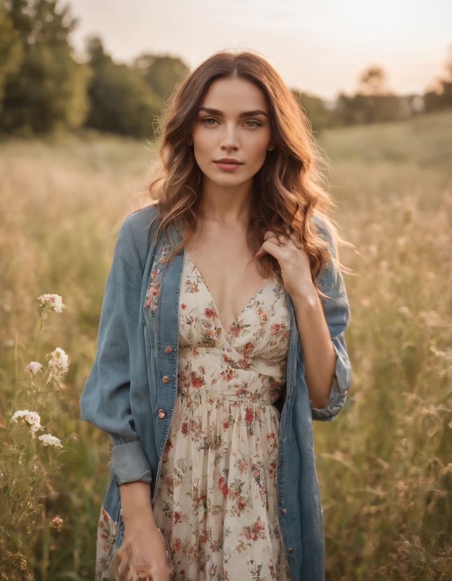 an up close photo of a young woman dressed in bohemian-inspired fashion, wearing a flowy maxi dress with floral prints, layered with a denim jacket and accessorized with a floppy hat and vintage accessories. Her hair is styled in loose waves or natural curls. The setting is a sunlit park or meadow, with long grass and wildflowers, creating a nostalgic and dreamy atmosphere,while the f2 aperture and 35mm lens create a perfect balance of depth and detail.