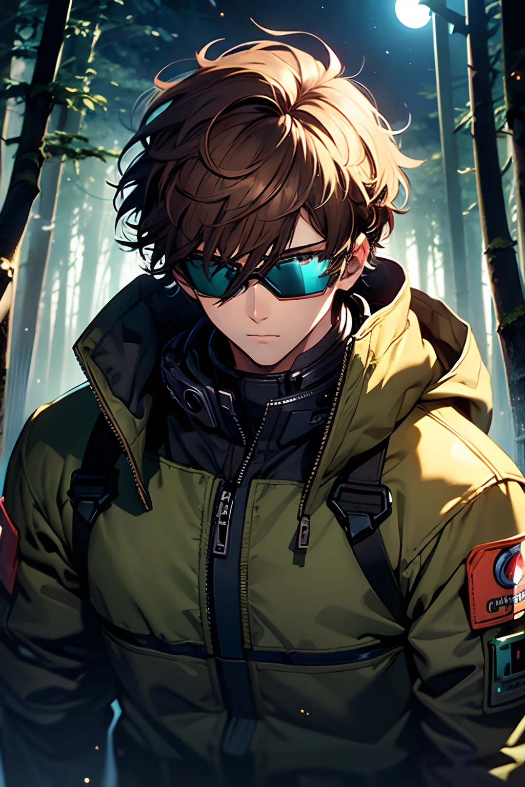 Boy, brown hair, short hair, curly hair, dark brown eyes, wearing flight goggles, pilot suit, cold forest background and solitary night with neon blue moon, ((high quality)), (((high definition)),((master piece))