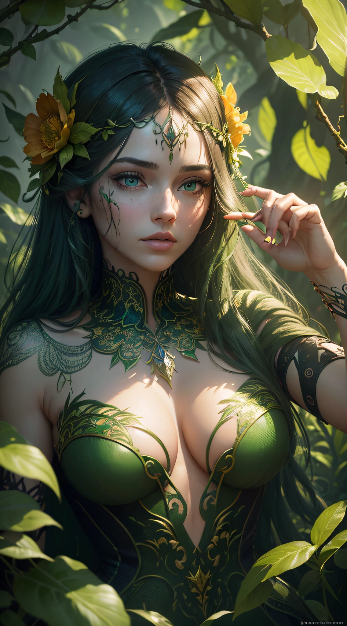 (masterpiece, best quality:1.4),( absurdres, high resolution, ultra detailed:1.2) {a closeup of woman whose face is overgrown with bright green vines and colorful flowers while she sleeping in a surreal garden, mesmerizing and fascinating photo, intricate, highly detailed, dramatic lighting and dynamic composition, yellow, orange, green, dramatic shading, dramatic lighting, intricate foliage}, fantasy art, cinema 4d, matte painting, polished, beautiful, colorful, intricate, eldritch, ethereal, vibrant, surrealism, surrealism, vray, nvdia ray tracing, cryengine, magical, 4k, 8k, masterpiece, crystal, romanticism, mythology