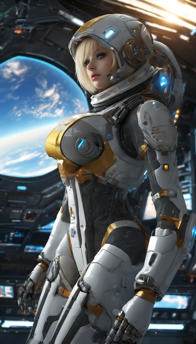 masterpiece、top-quality、The ultra -The high-definition、Top resolution、ighly detailed、profetional lighting、illustratio、(Futuristic spaceship interior interior)、(Inside the space station)、Space passenger aircraft seats、bustshot,1人の女性,(space helmet):1.8,(space suits:1.4),(Glossy Latex Silver Bodysuit):1.3,(deadpan:1.5),(real face):1.5,(Blonde Shorthair):1.2,(Yellow hair), Shining hair ornament, head phone,space suits,Colossal tits、(A slight smil:1.0)、pretty skin、