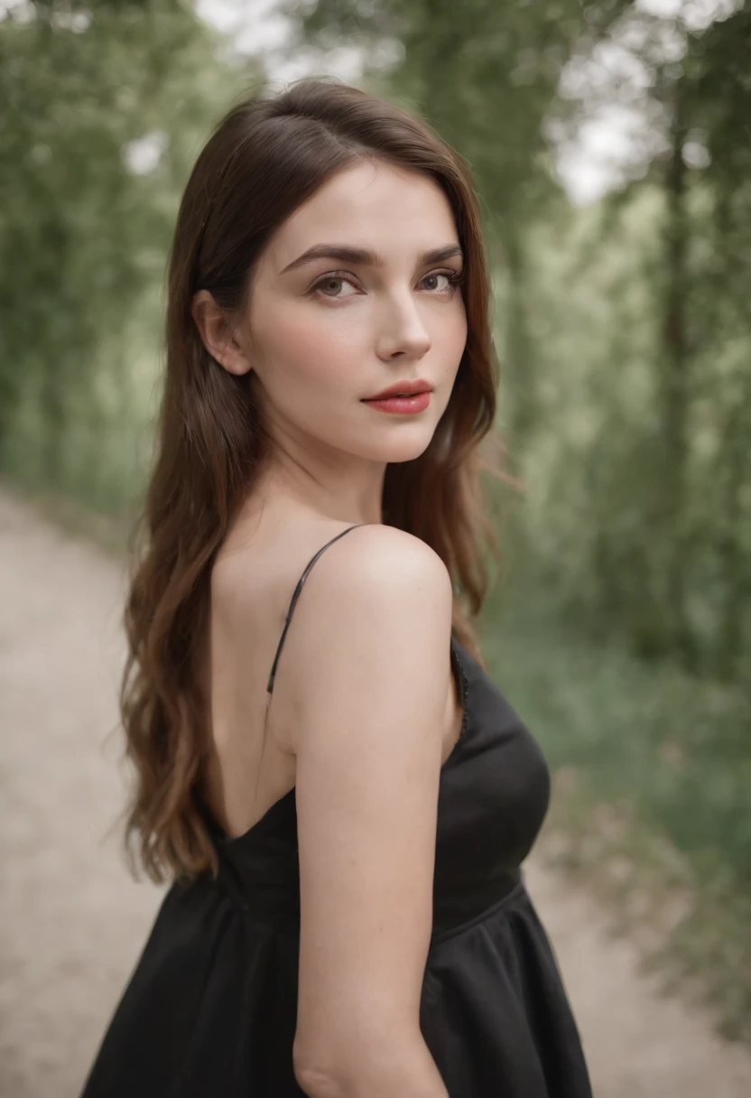 a beautiful woman in a black dress poses with one shoulder, in the style of 8k resolution, warmcore, goosepunk, focus on joints/connections, minimal retouching, handheld, candid  --ar 2:3 --v 5