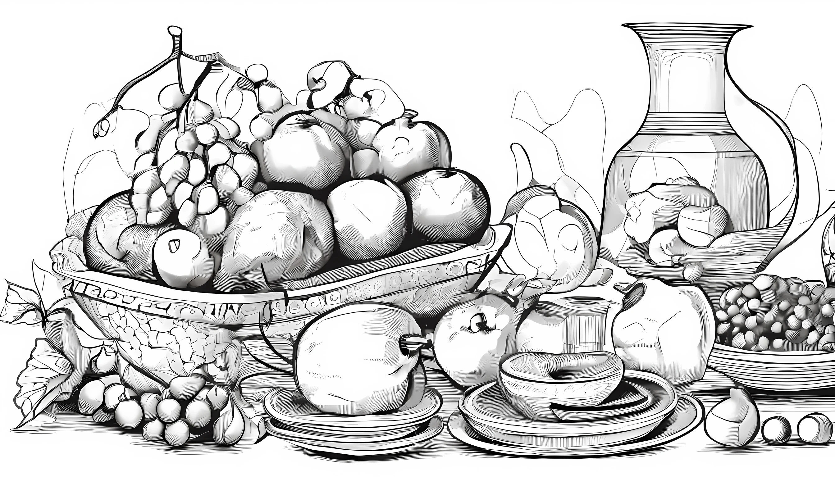 Still Life Drawings,Plates and fruits,Simple environment,line art,Black and white draft