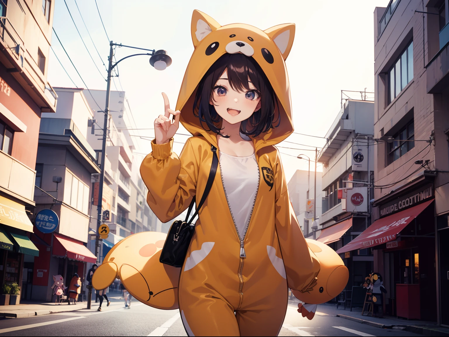 Cute chibi girls group shot, wearing animal fooded suits, kigurumi, SD character, Nendroid, walking, playing happy and cheerfully, outdoor, (ultra high resolution, 8K RAW photo, textile shading, anime style), simple background, bokeh,