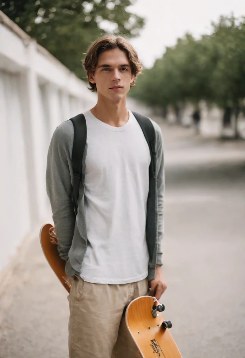 a young man holding a skate board, in the style of fujifilm quicksnap disposable camera, minimalist portraits, light white and gold, rodenstock imagon 300mm f/5.8, balanced asymmetry, heatwave,medium long shot
