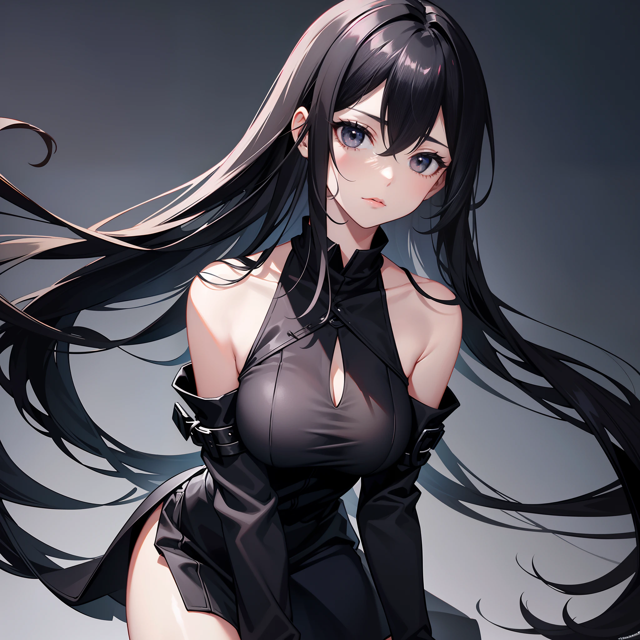 Long black hair,Black eyes,Girl in black low-cut outfit,black short skirt,Tilted viewing angle from top to bottom,expressiveless,D-cups