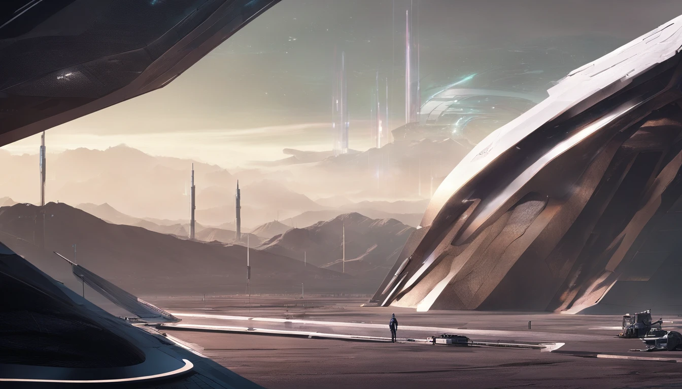 sci-fi landscapes, The background is a tall minimalistic black building, concept art, Space art, sci-fi artwork, scifi illustration, epic fantasy sci fi illustration, scifi concept art, There are minimalistic black buildings with the dark sky as a backdrop, black sand, post apocalyptic, dimmed light, matte paintings, angular architecture with tall dark structure, architectural photography, geometric architecture, futuristic building, Futuristic architecture, Surrealism, Conceptual art, Futurism, anime, cinematic lighting, close-up, perspective, UHD, masterpiece, curate, best quality