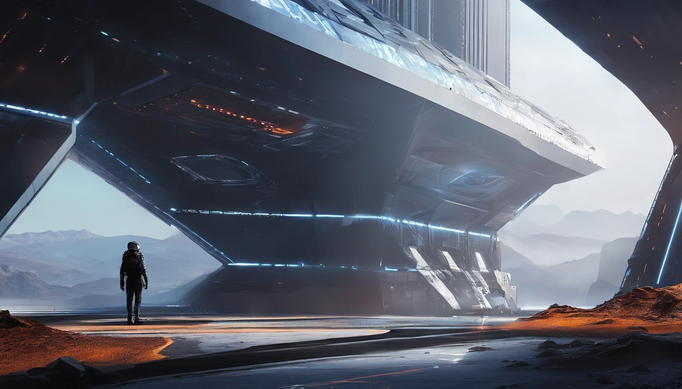 sci-fi landscapes, The background is a tall minimalistic black building, concept art, Space art, sci-fi artwork, scifi illustration, epic fantasy sci fi illustration, scifi concept art, There are minimalistic black buildings with the dark sky as a backdrop, black sand, post apocalyptic, dimmed light, matte paintings, angular architecture with tall dark structure, architectural photography, geometric architecture, futuristic building, Futuristic architecture, Surrealism, Conceptual art, Futurism, anime, cinematic lighting, close-up, perspective, UHD, masterpiece, curate, best quality