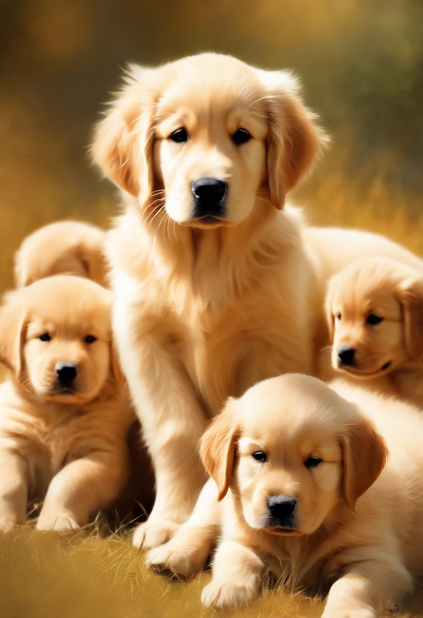 Golden Retriever and 5 puppies, drawing, 児童書