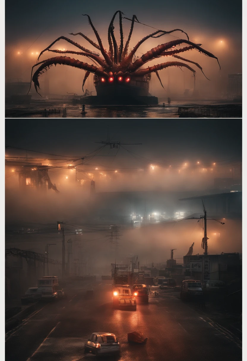 Best quality, Masterpiece, Ultra-high resolution, Super huge and ferocious monster(Sea shrimp),Hidden in thick fog,Realisticstyle,Terrifying atmosphere,Bloody red eyes, Broken streets, Broken cities, The ground is covered with gravel, Billboard for broken octopus carcasses, Japan Invaders, Tokyo Landmark,Desperate doomsday,8K, A cinematic scene, From a top-down perspective (light and shadow effect),(Depth of field effect),(Tyndall),(Light particle tracking),(CG),(Horror movie lighting visuals),(voluminetric lighting),(Bright colors), ((many people))