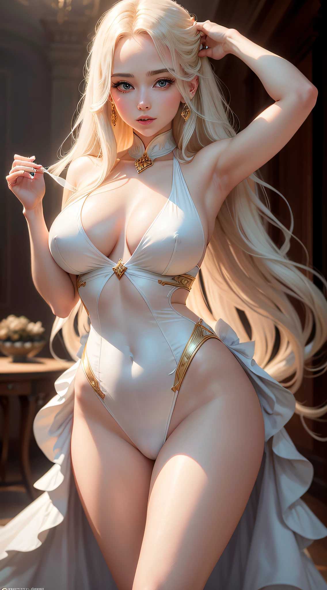 She possesses an enchanting allure, with porcelain skin that seems to glow softly in the light. Her sapphire eyes hold a depth of emotion, and her flowing, golden hair cascades over her shoulders in a captivating dance. Her figure, gracefully curved, is a testament to elegance and natural beauty. Her voice carries a melodious charm, and her presence evokes a sense of timeless allure that is impossible to ignore.