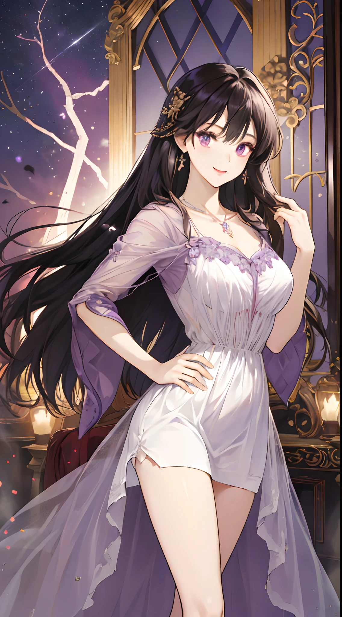 ​masterpiece, top-quality, hight resolution, 1girl in, A dark-haired, length hair, a purple eye, A slight smil、a necklace, 耳Nipple Ring, thighs thighs thighs thighs, Classy dresses、The hem is turned up.、dynamic, is standing, put hands on the hip,Light is shining