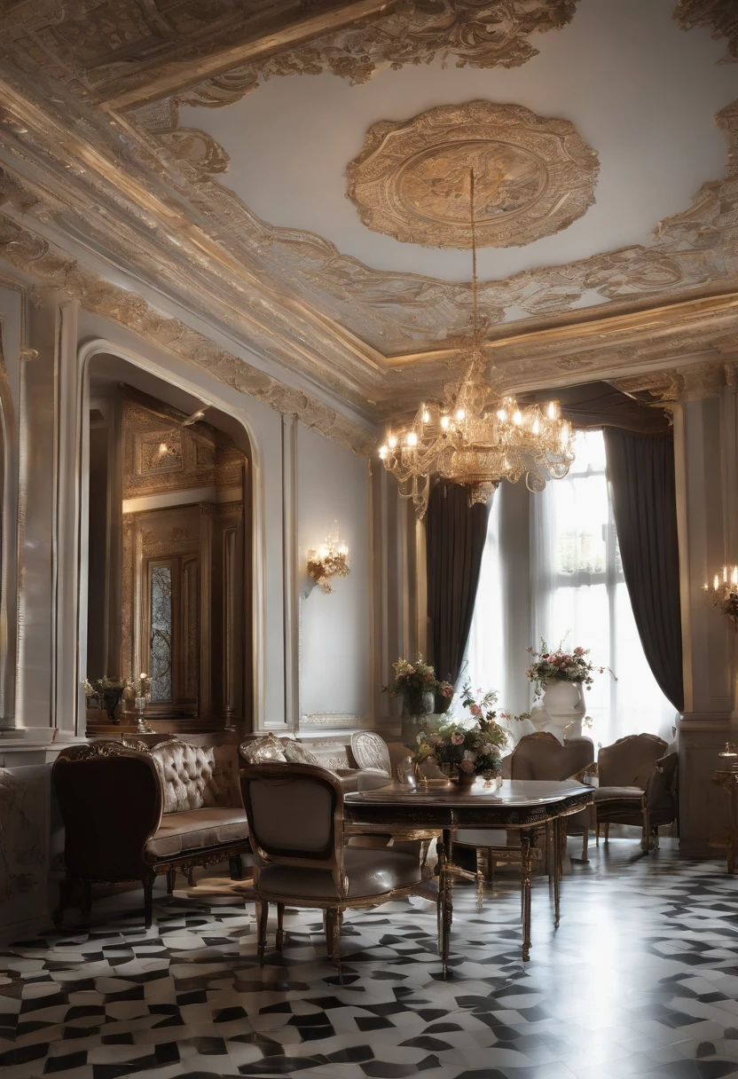 iving room, 5m x5m room size, neoclassical style, wall painting, eBony Wooden Furniture, Intricate Carving 1980s, indoor decoration trees, tea table, Black and White Tile Floor 1980s, Gray gray oak material , Ceiling lights, natural light, LED wall lights, table lights, beautiful lighting effects, adding light, 4K HD, high resolution, cozy feeling, real photos, very realistic, combined Professional materials
10:38
Sent