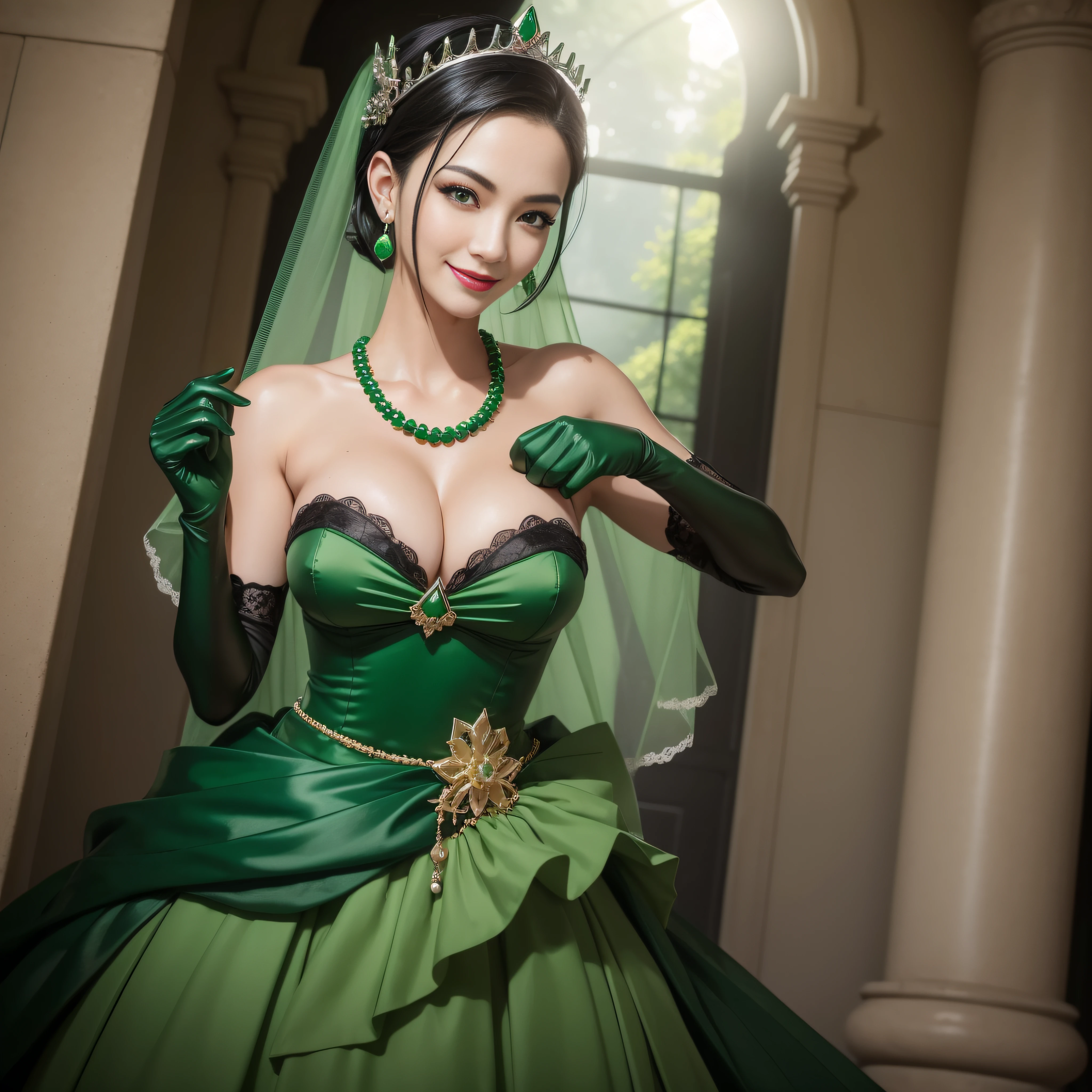 Boyish very short black hair, lipsticks, Japan woman smiling, Green Long Grove, Long green gloves made of satin material, lipsticks, Japan woman smiling, Satin green long gloves, emerald tiara, Green Pearl Necklace, verd s eyes, Green eyes, Long green gloves made of satin material, big breasts beautiful, Green Bridal Veil, Emerald Earrings, Green dress