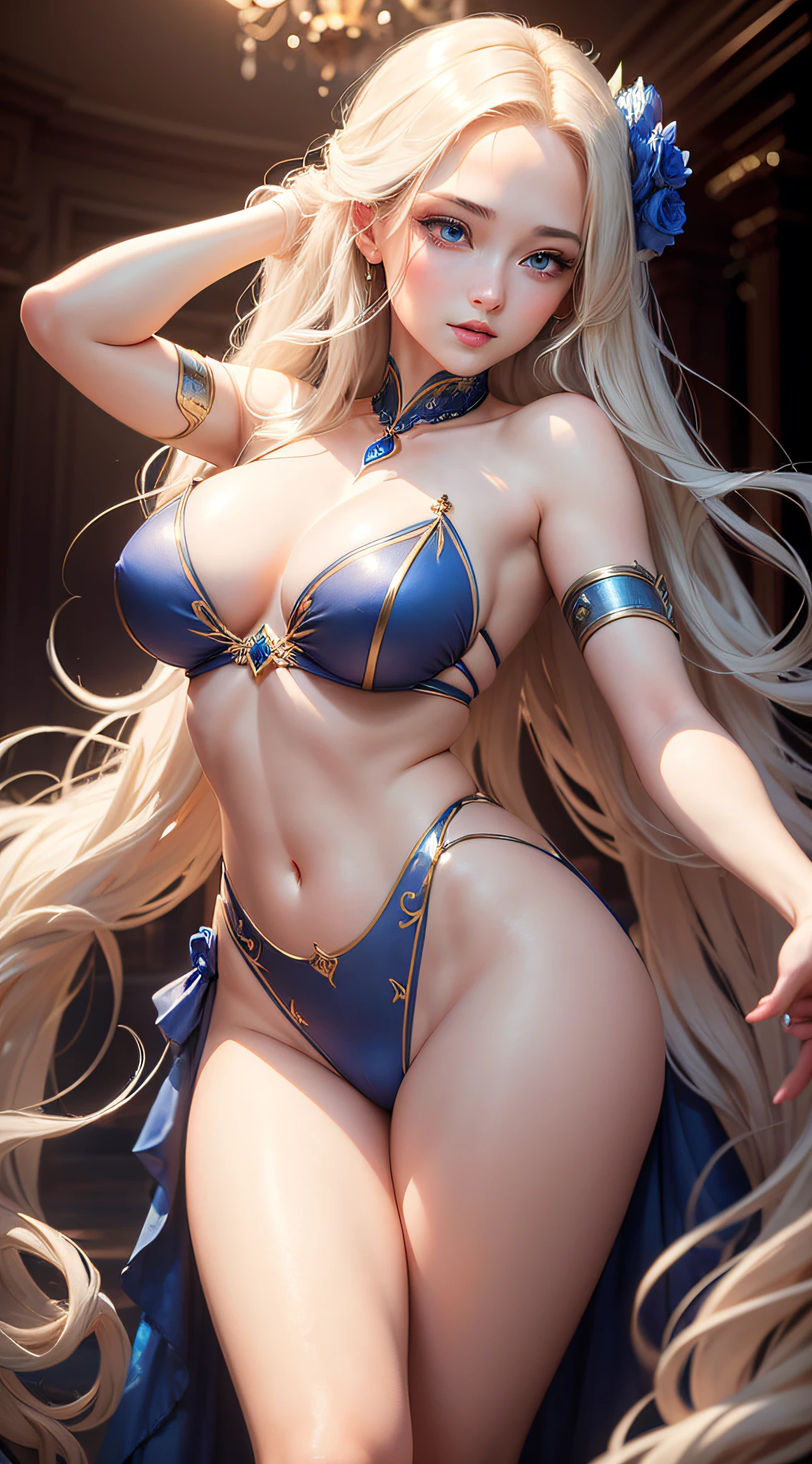 She possesses an enchanting allure, with porcelain skin that seems to glow softly in the light. Her sapphire eyes hold a depth of emotion, and her flowing, golden hair cascades over her shoulders in a captivating dance. Her figure, gracefully curved, is a testament to elegance and natural beauty. Her voice carries a melodious charm, and her presence evokes a sense of timeless allure that is impossible to ignore.