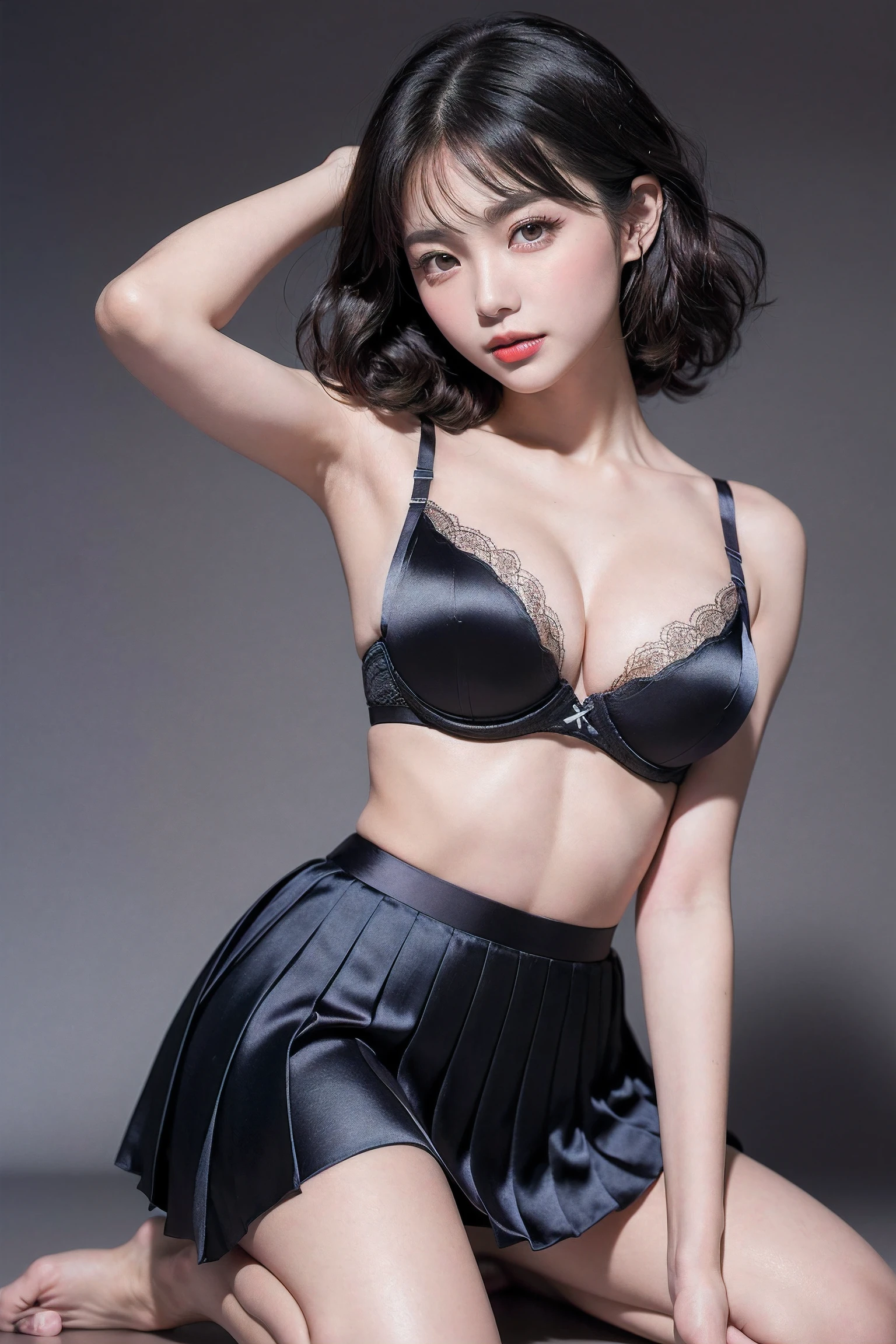 (((1girl:1.3, solo))), A extremely close up face image of extremely pretty and beautiful Japanese woman, (((Symmetry:1.5, centered image:1.5))), (1 with an emphasized enchanting cleavage: Composition of 1), (extremely close up face image:1.5), (sexy model), professional attire, (22 years old: 1.1), (from below:1.3, low angle:1.3), (kneeling:1.5), ((girl on top:1.5)), ((arms up:1.3)), (arms behind back on head:1.3), (attractive random posing:1.3), break, (shiny-black thin hair:1.2), (wavy messy hair:1.3), (curly inside:1.3), bangs, wind, floating hair, dark brown eyes, beautiful eyes, princess eyes, bangs, Hair between eyes, short hair:1.3, curby, abs, perfect abs, (gigantic-breasts:1.5, sagging breasts:1.5, disproportionate breasts:1.5), (thin waist: 1.15, abs:0.95), (detailed beautiful girl: 1.4), Parted lips, Red lips, full-make-up face, (shiny skin), ((Perfect Female Body)), (Upper Body Image:1.3), Perfect Anatomy, Perfect Proportions, (most beautiful Korean actress face:1.3, extremely cute and beautiful Japanese actress face:1.3, seductive light smile, happy, BREAK, (bare shoulder, Chest squeezed together, View viewer, (front-hock luxury satin bra:1.3), (loose-pleats-skirt:1.3), detailed clothes, BREAK, (simple dark-grey background:1.2), (dark background), (Studio soft lighting: 1.3), (fake lights: 1.3), (backlight: 1.3), BREAK, (Realistic, Photorealistic: 1.37), (Masterpiece, Best Quality: 1.2), (Ultra High Resolution: 1.2), (RAW Photo: 1.2), (Sharp Focus: 1.3), (Face Focus: 1.2), (Ultra Detailed CG Unified 8k Wallpaper: 1.2), (Beautiful Skin: 1.2), (pale Skin: 1.3), (Hyper Sharp Focus: 1.5), (Ultra Sharp Focus: 1.5), (Beautiful pretty face: 1.3), (super detailed background, detail background: 1.3), Ultra Realistic Photo, Hyper Sharp Image, Hyper Detail Image,