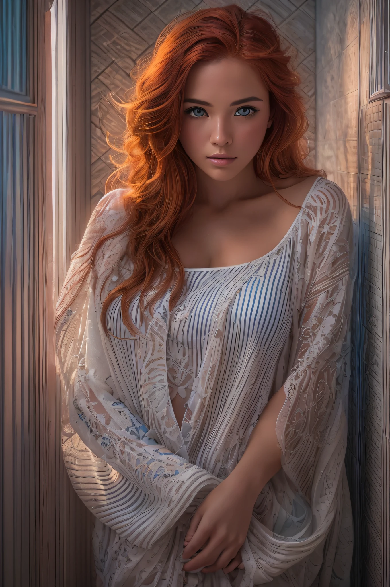 Full Body beautiful red-haired, blue-eyed young woman, with huge bosom in loose open bath clothing looking away from the camera, with perfect lighting and composition, captured by a professional photographer using a high-end camera for photorealistic quality and intricate details, highly detailed hair + cinematic shot, glamour photography, Canon EOS 5D Mark IV DSLR camera, EF 50mm f/ 1. 8 STM lens, Resolution 30. 4 megapixels, ISO sensitivity: 32, 000, Shutter speed 8000 second