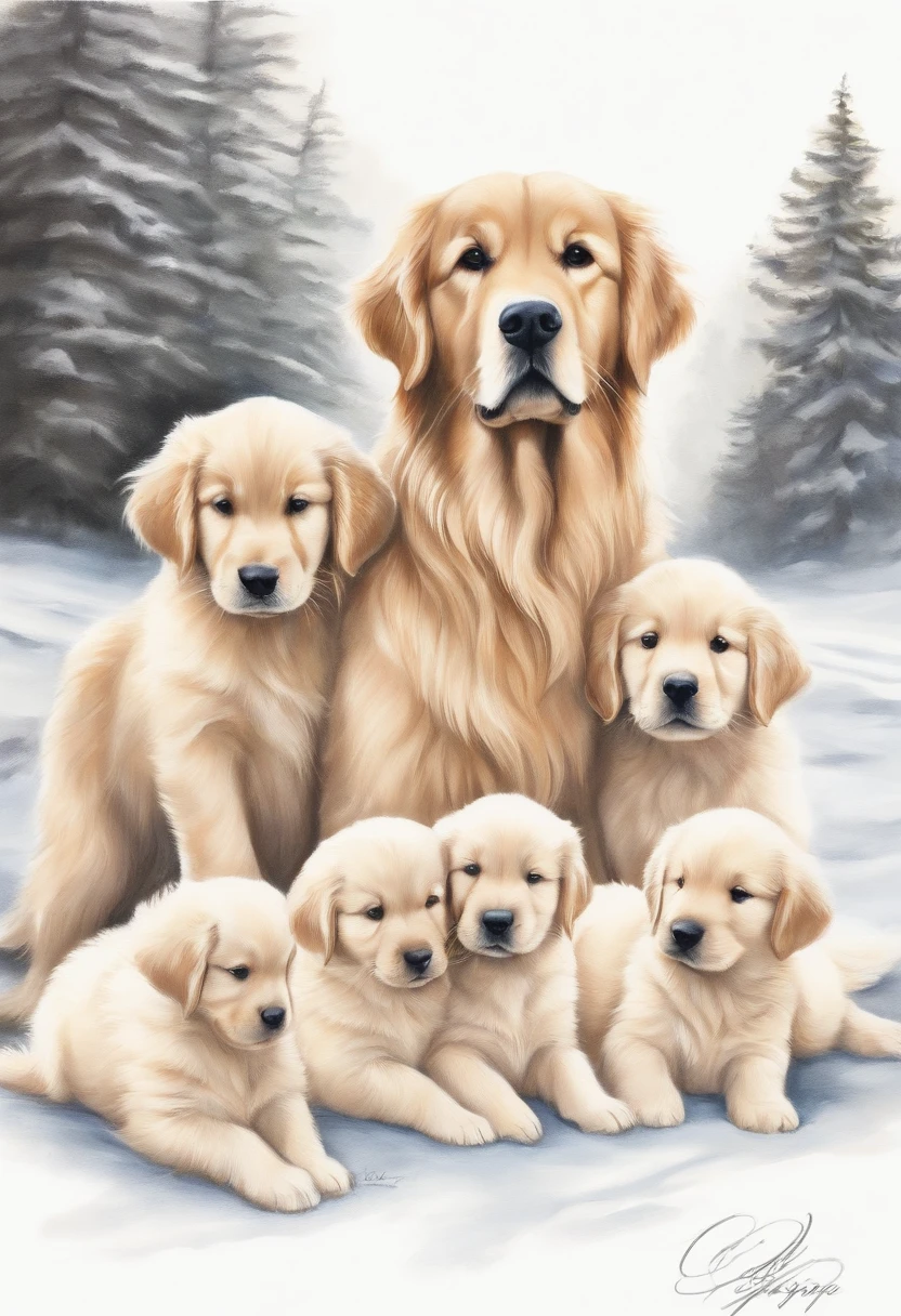 Golden Retriever and 5 puppies, drawing, 児童書