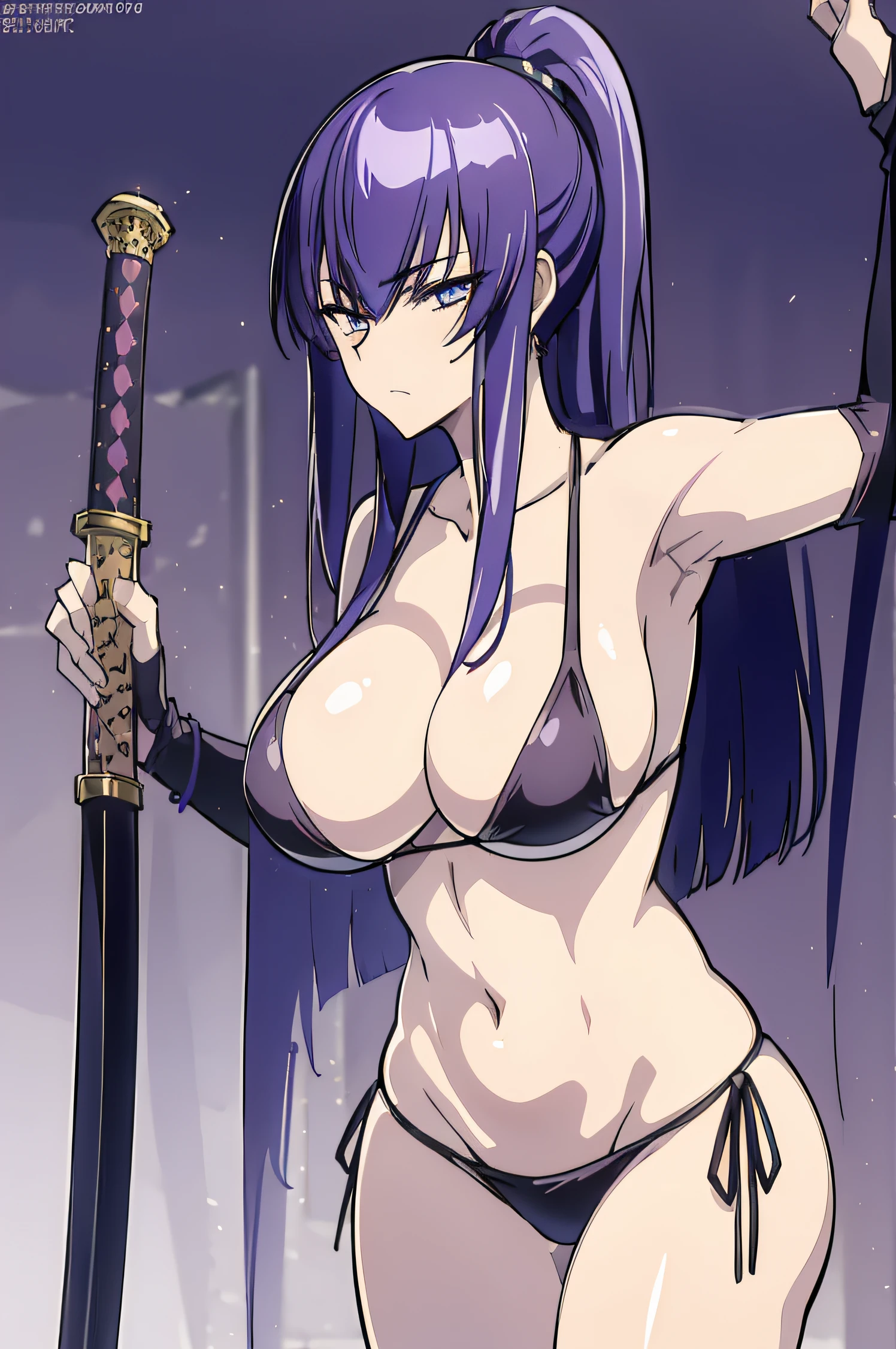 (masterpiece, best quality:1.2), cowboy shot, solo, 1girl, saeko busujima, sexy, NSFW, bikini, revealing outfit, big breasts, katana, sexy back, sleeveless, minimal clothing, ponytail, beautiful, wardrobe malfunction, looking at viewer, absurdres, high res, ultrasharp, 8k, masterpiece