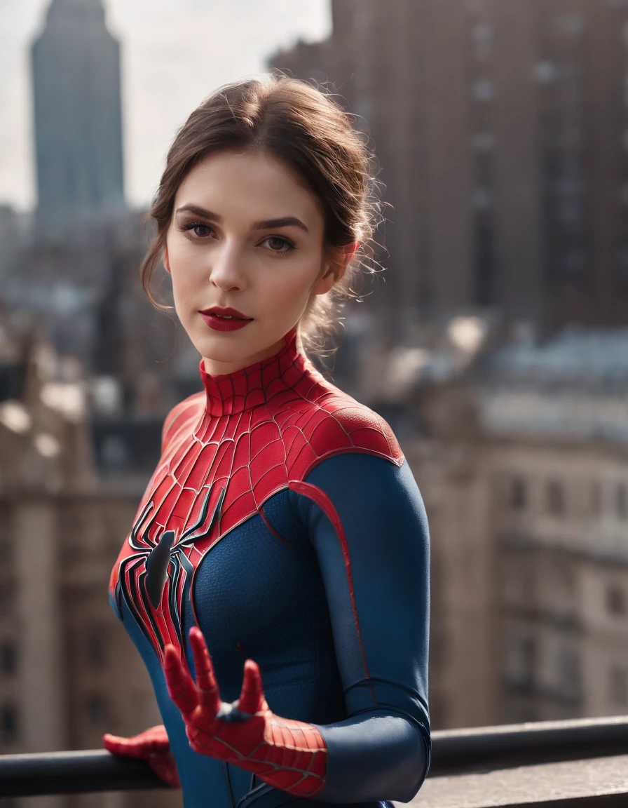 photo of S164_SophieONeil, a stylish woman, on a (balcony:1.1), wearing a (spiderman-suit:1.1), (cityscape), (8k, RAW photo, best quality, depth of field, ultra high res:1.2), (absurdres, intricate, photorealistic, masterpiece, ultra-detailed:1.3)