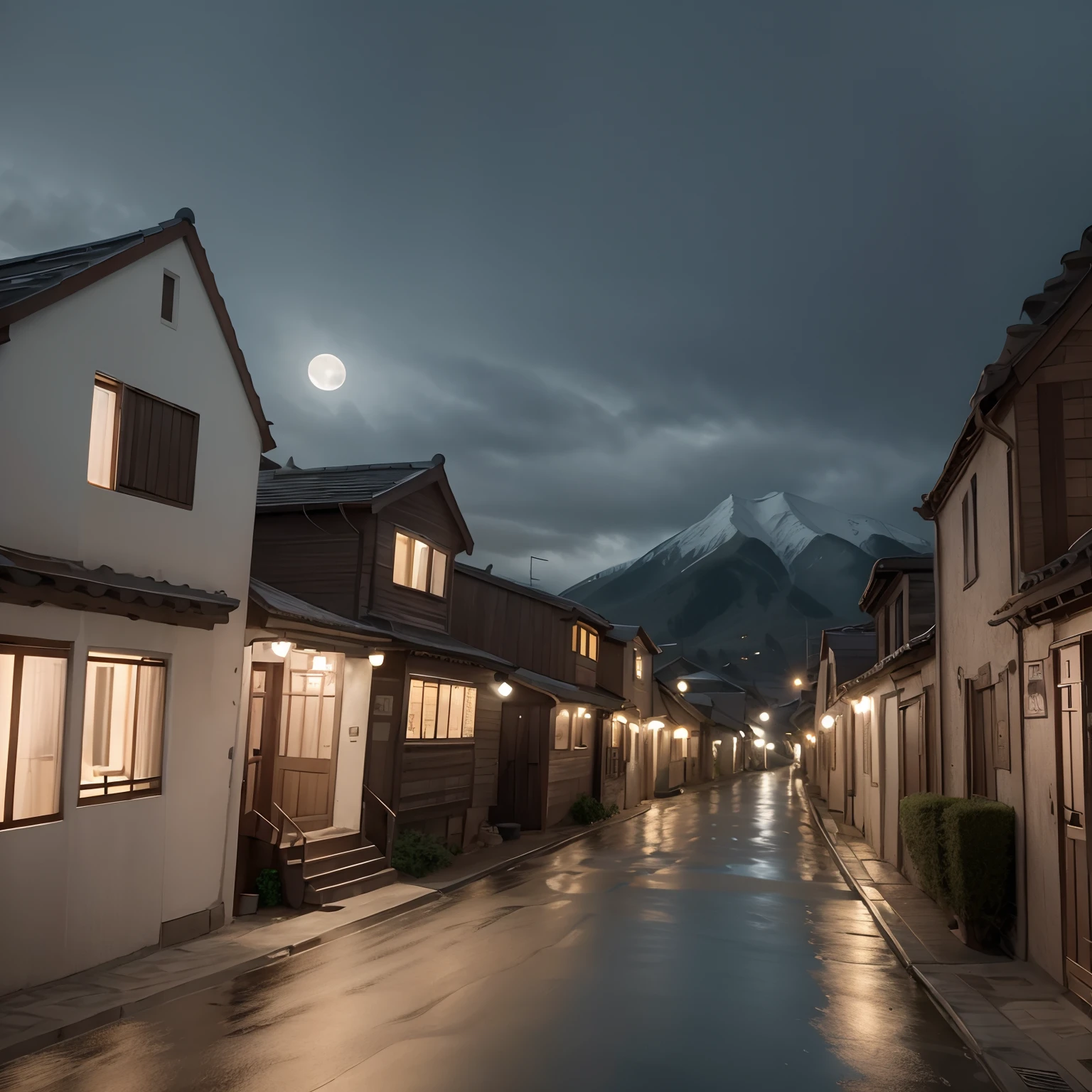 Poor little mountain village street, villager, Old houses, Very detailed, Night, broody, terrifying, Overlooking