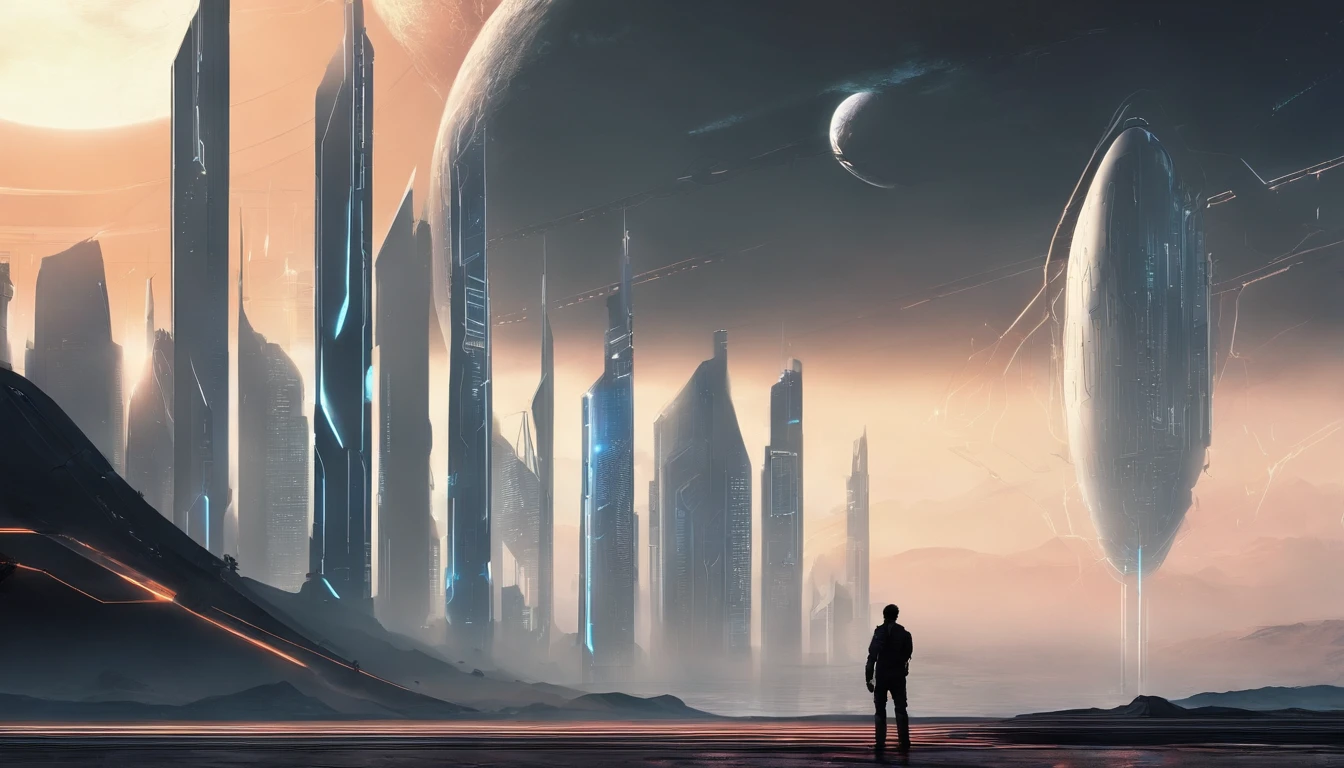 sci-fi landscapes, one man alone, man looking at the buildings, The background is a tall minimalistic black building, concept art, Space art, sci-fi artwork, scifi illustration, epic fantasy sci fi illustration, scifi concept art, There are minimalistic black buildings with the dark sky as a backdrop, black sand, post apocalyptic, dimmed light, matte paintings, angular architecture with tall dark structure, architectural photography, geometric architecture, futuristic building, Futuristic architecture, Surrealism, Conceptual art, Futurism, anime, cinematic lighting, close-up, perspective, UHD, masterpiece, curate, best quality