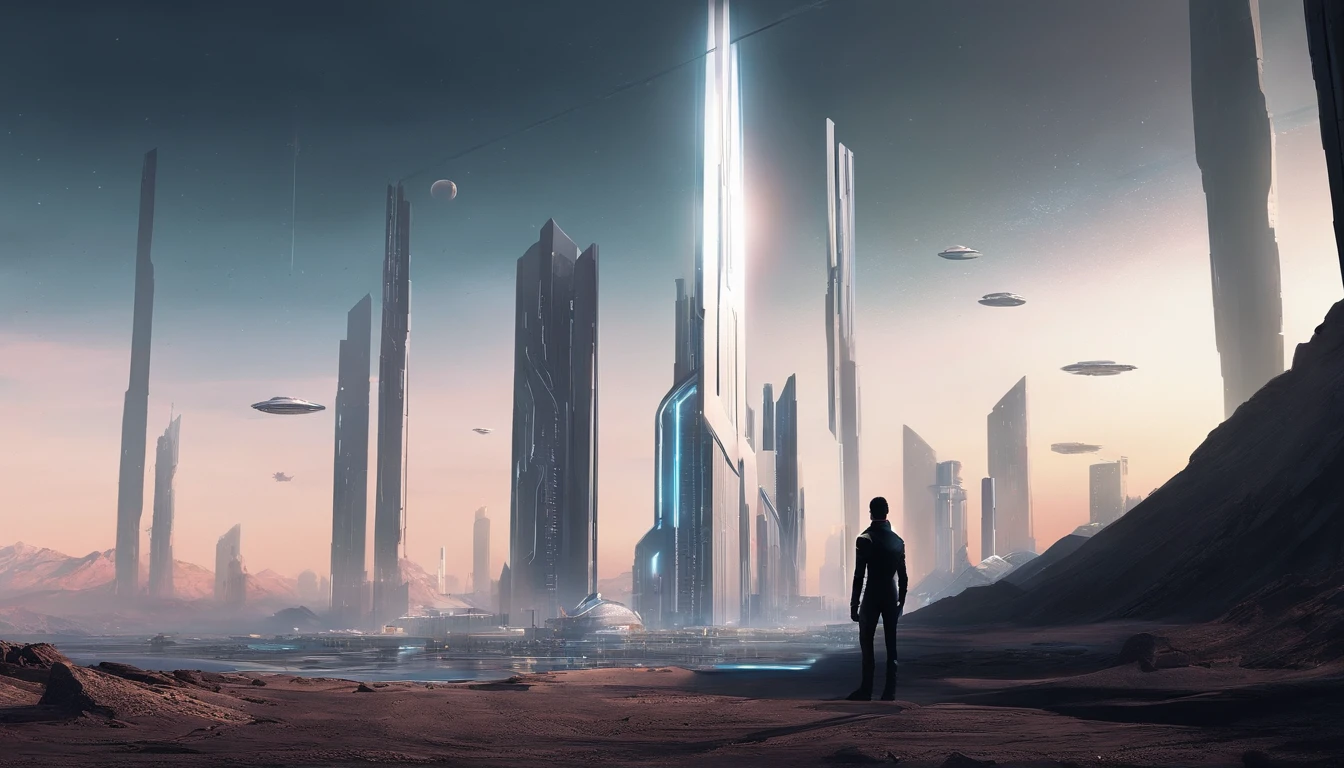 sci-fi landscapes, one man alone, man looking at the buildings, The background is a tall minimalistic black building, concept art, Space art, sci-fi artwork, scifi illustration, epic fantasy sci fi illustration, scifi concept art, There are minimalistic black buildings with the dark sky as a backdrop, black sand, post apocalyptic, dimmed light, matte paintings, angular architecture with tall dark structure, architectural photography, geometric architecture, futuristic building, Futuristic architecture, Surrealism, Conceptual art, Futurism, anime, cinematic lighting, close-up, perspective, UHD, masterpiece, curate, best quality