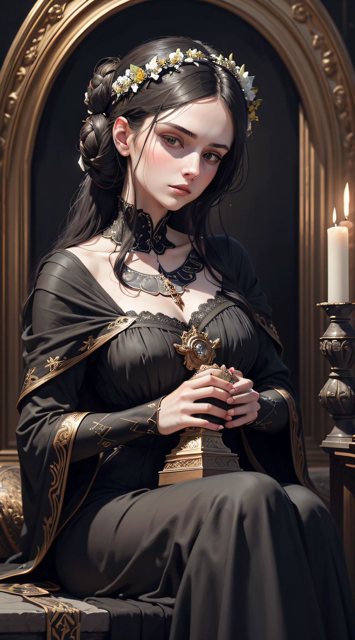 Detailed painting depicting a pale woman wearing long black dress, reclining to a stone reliquary, face in focus, hair in bun, tired face, half closed eyes, gothic, pre-raphaelite, skull and wreath, photorealistic, 8k ultra quality sharp wallpaper, oil painting by John William Waterhouse and Bruce Pennington