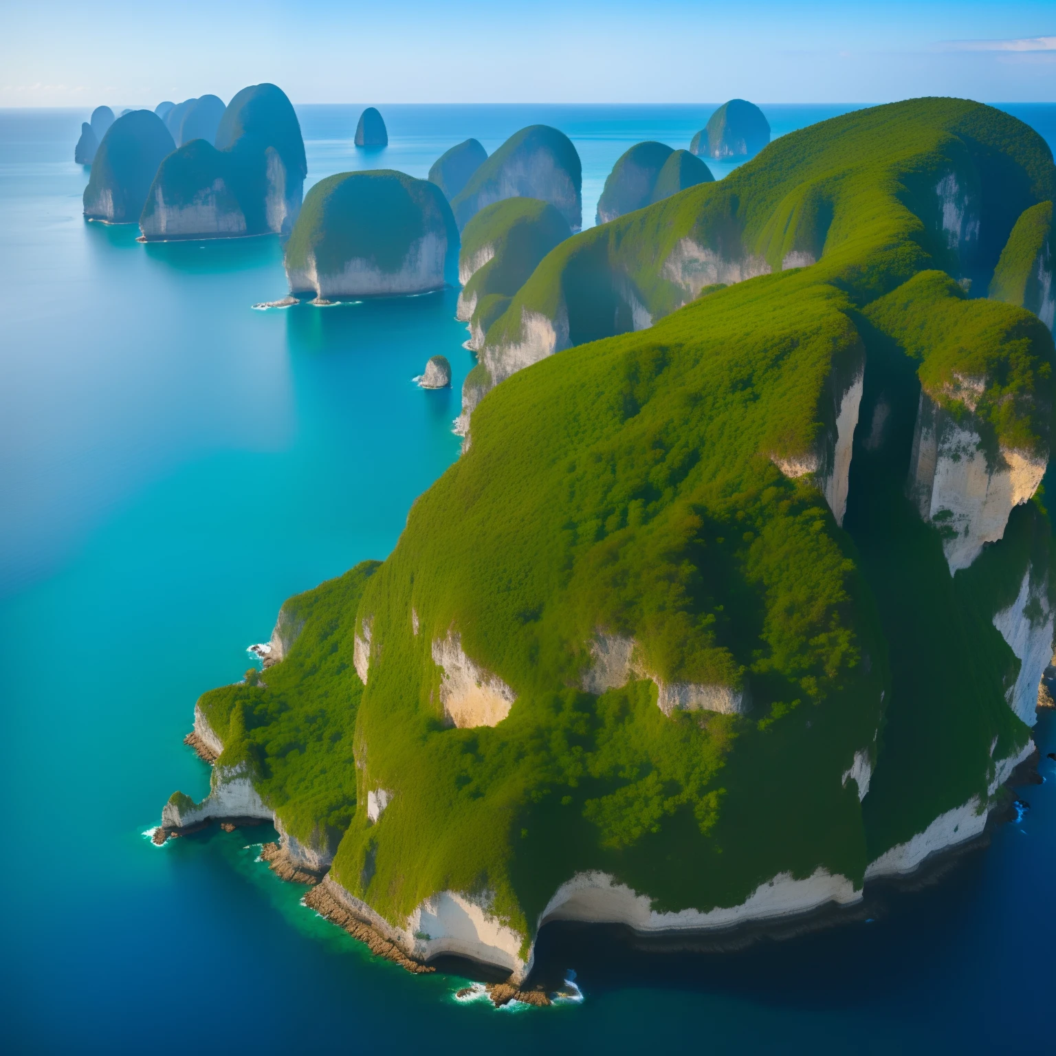 super high image, super detail, super high resolution, uninhabited island, dome-shaped island, towering cliffs, lush trees, emerald green natural cave, inanimate objects, an island without people or civilization, professional lighting