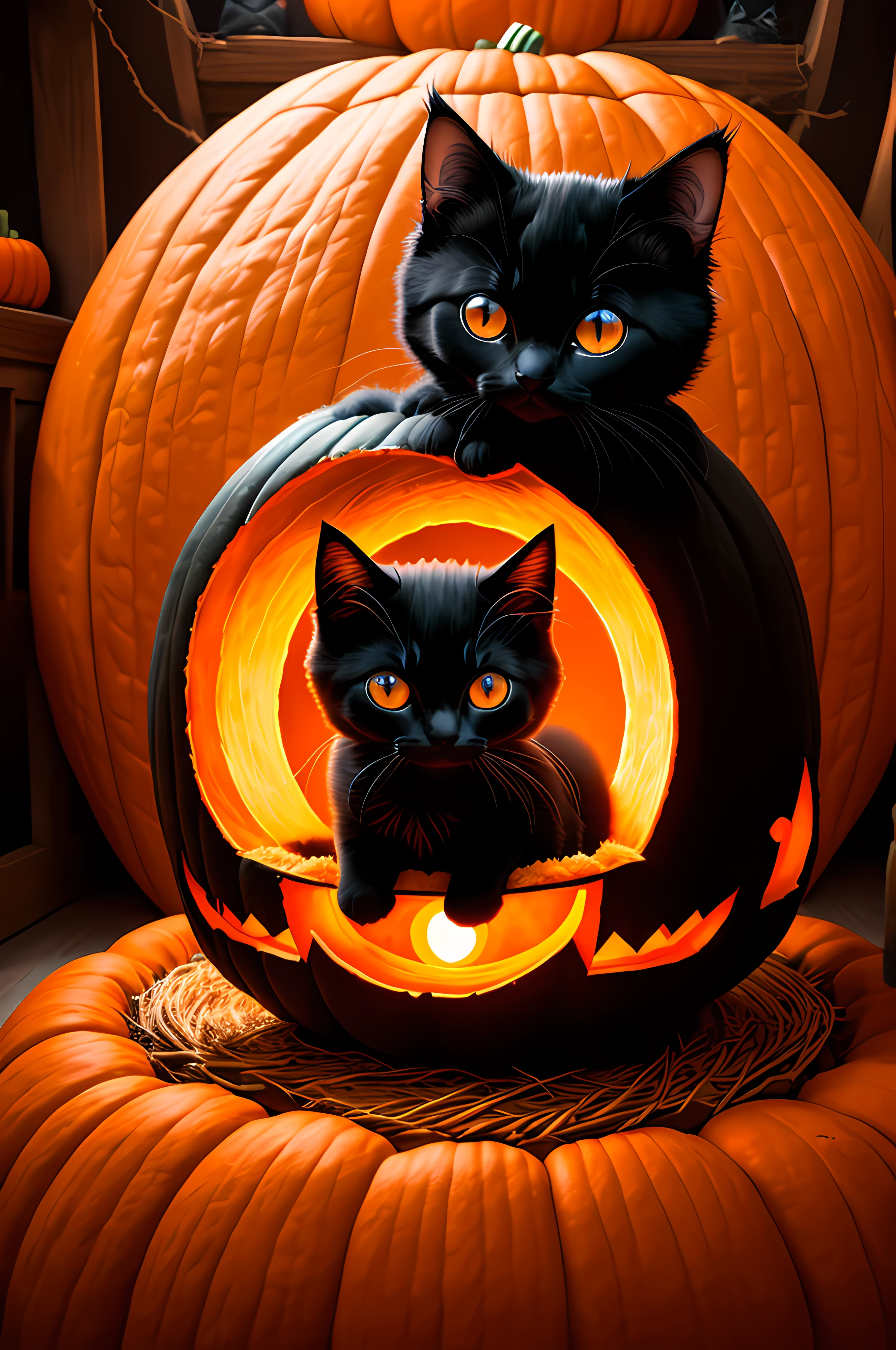 A fluffy black kitten sitting in a huge pumpkin, perfect symmetrical eyes, under Tyndall light effect, a Halloween atmosphere, Mysterious