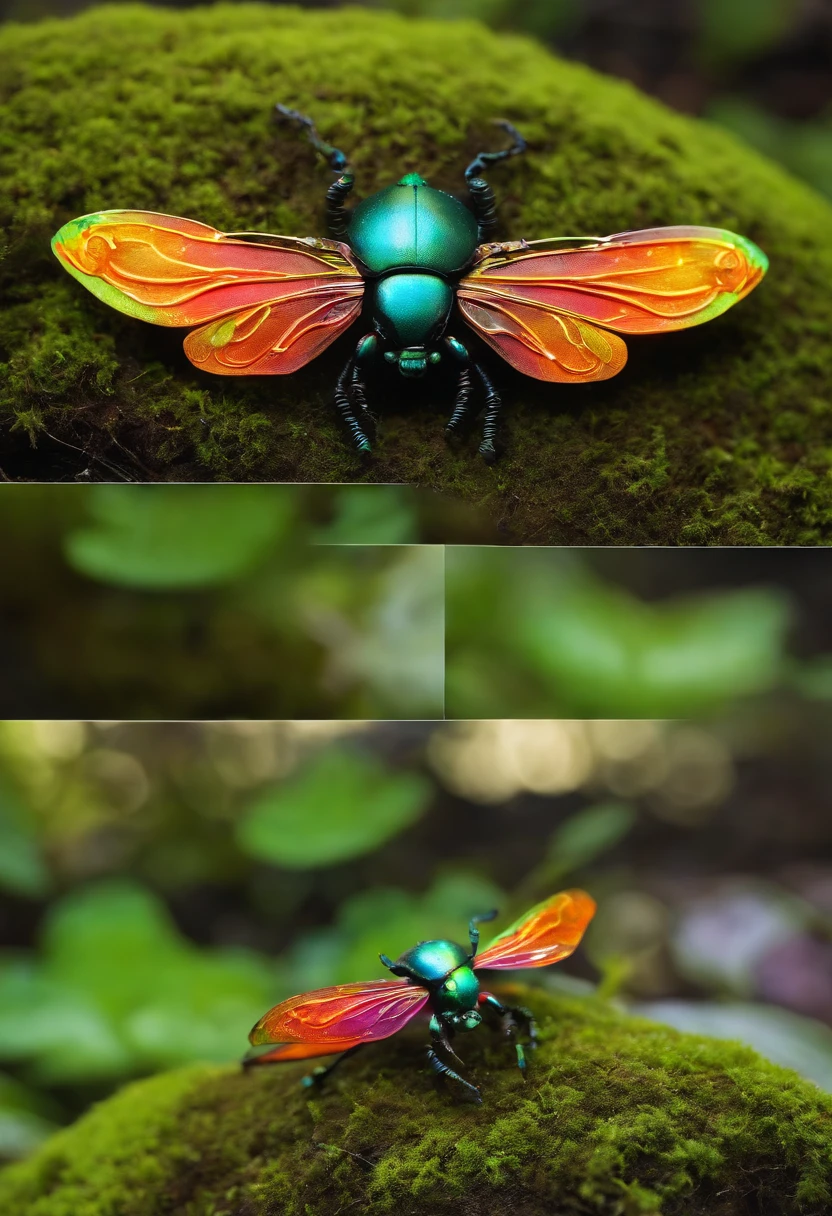 Puppet beetle,Features complex metal exoskeletons and luminescent bioluminescent patterns, Stand on the mossy forest floor. The wings of the beetle are partially spread, Bright rainbow colors. There is a soft ethereal glow around the beetle, Add to its otherworldly look