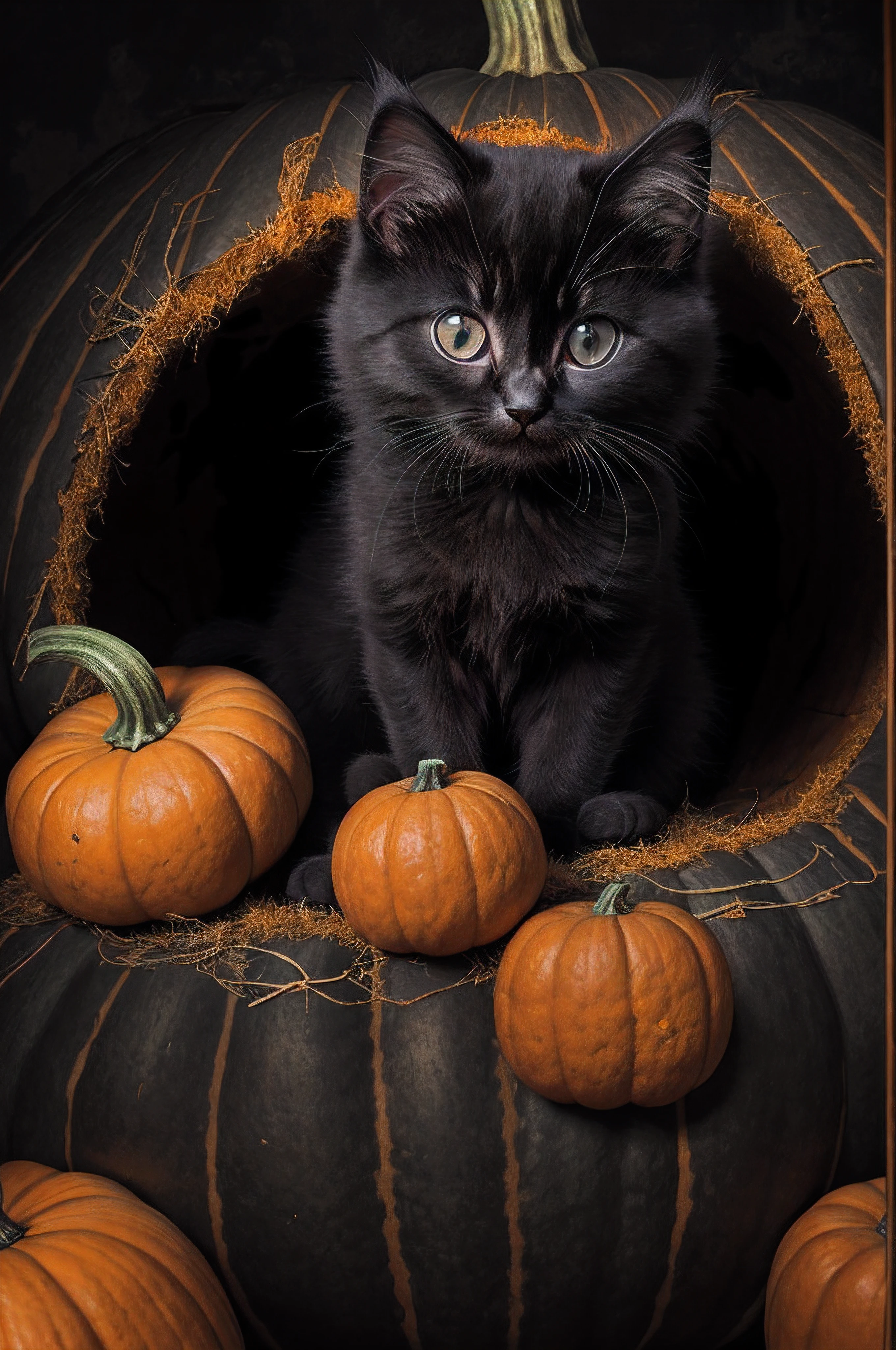 A fluffy black kitten sitting in a huge pumpkin, perfect symmetrical eyes, under Tyndall light effect, a Halloween atmosphere, Mysterious
