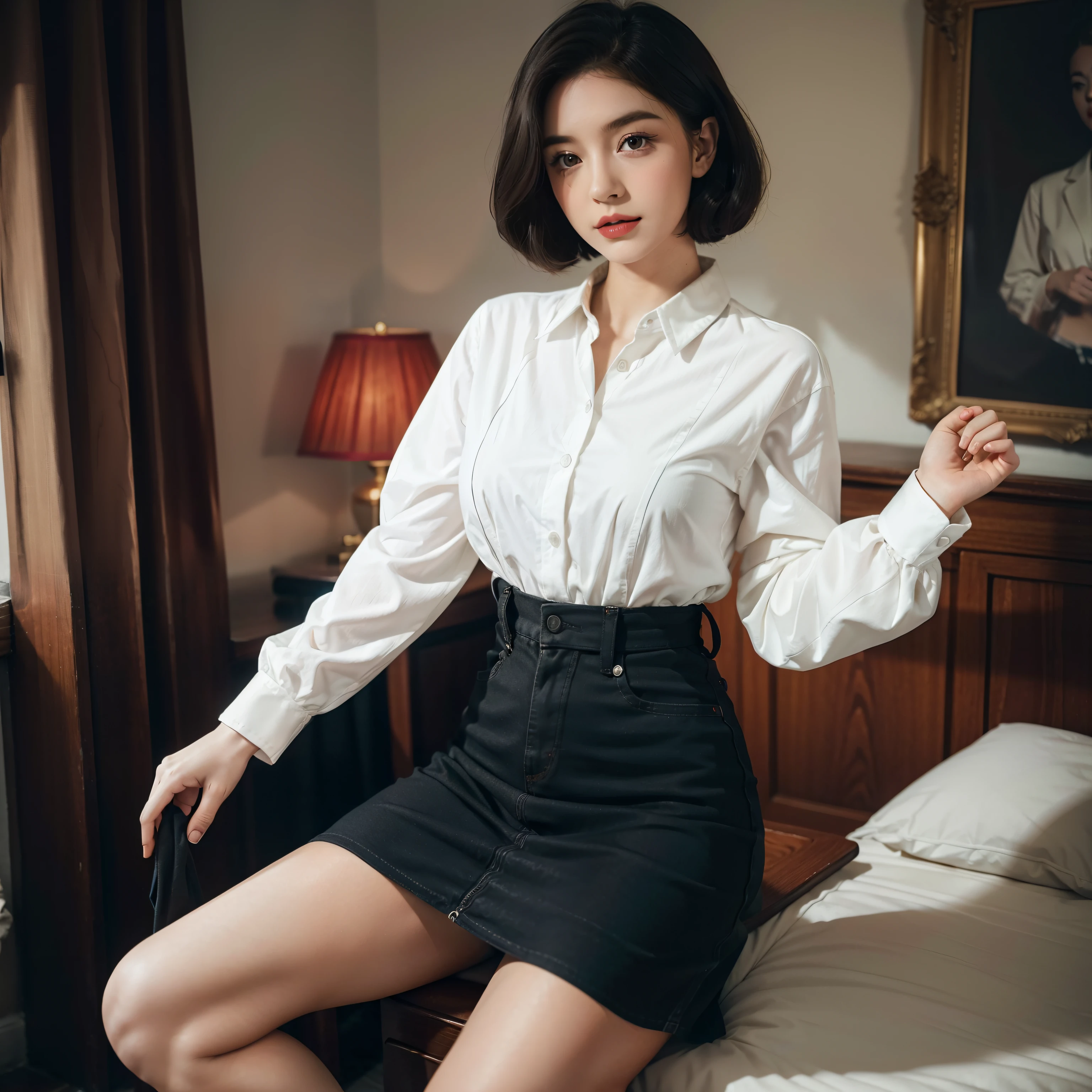 Mallory Malone's costume description is very detailed and、、、、、、、、、、Features a unique and interesting style. In a white long-sleeved blouse of your choice、A fitted black knee-length skirt with red accents creates a striking visual contrast. The addition of a black heel with ankle strap is、Adds a classy touch to the look. Apart from clothes, Vintage 1950s Bob Hairstyles、Adds a retro and timeless element to Mallory Malone's style. This type of hairstyle is、Known for its neat and short appearance, Typically、Jaw length with both ends turned inward. This hairstyle selection is、Add a vintage touch to the look、Complements Mallory's overall style. Makeup also plays an important role in the appearance of Mallory Malone. Although there are no specific details about makeup mentioned in the description, It is possible to imagine that she may be rocking a 1950s-inspired look.Happy,I see underwear,taking off shirt,Chest exposed,