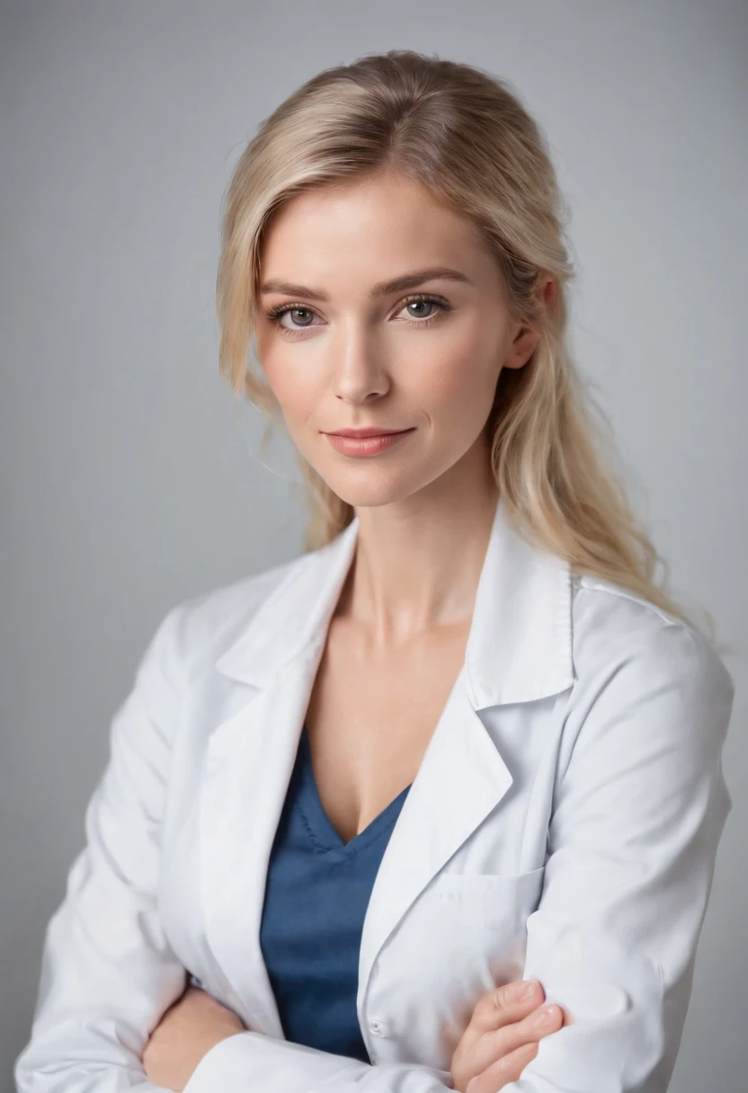 blond doctor with stethoscope over his neck, posing with arms crossed, white background, in the style of ultrafine detail, high quality photo, 35 mm f/2.4,upper body