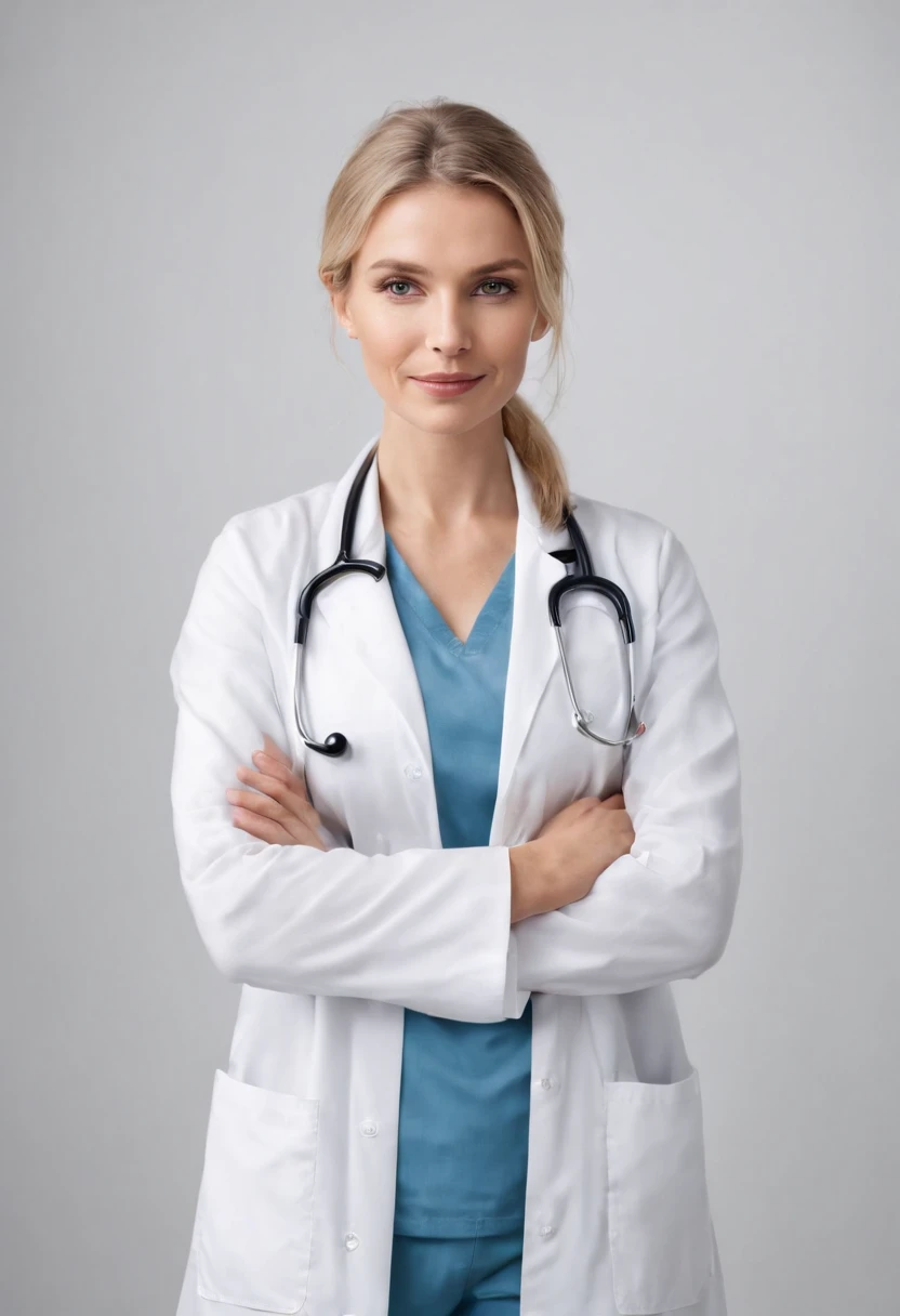 blond doctor with stethoscope over his neck, posing with arms crossed, white background, in the style of ultrafine detail, high quality photo, 35 mm f/2.4,upper body