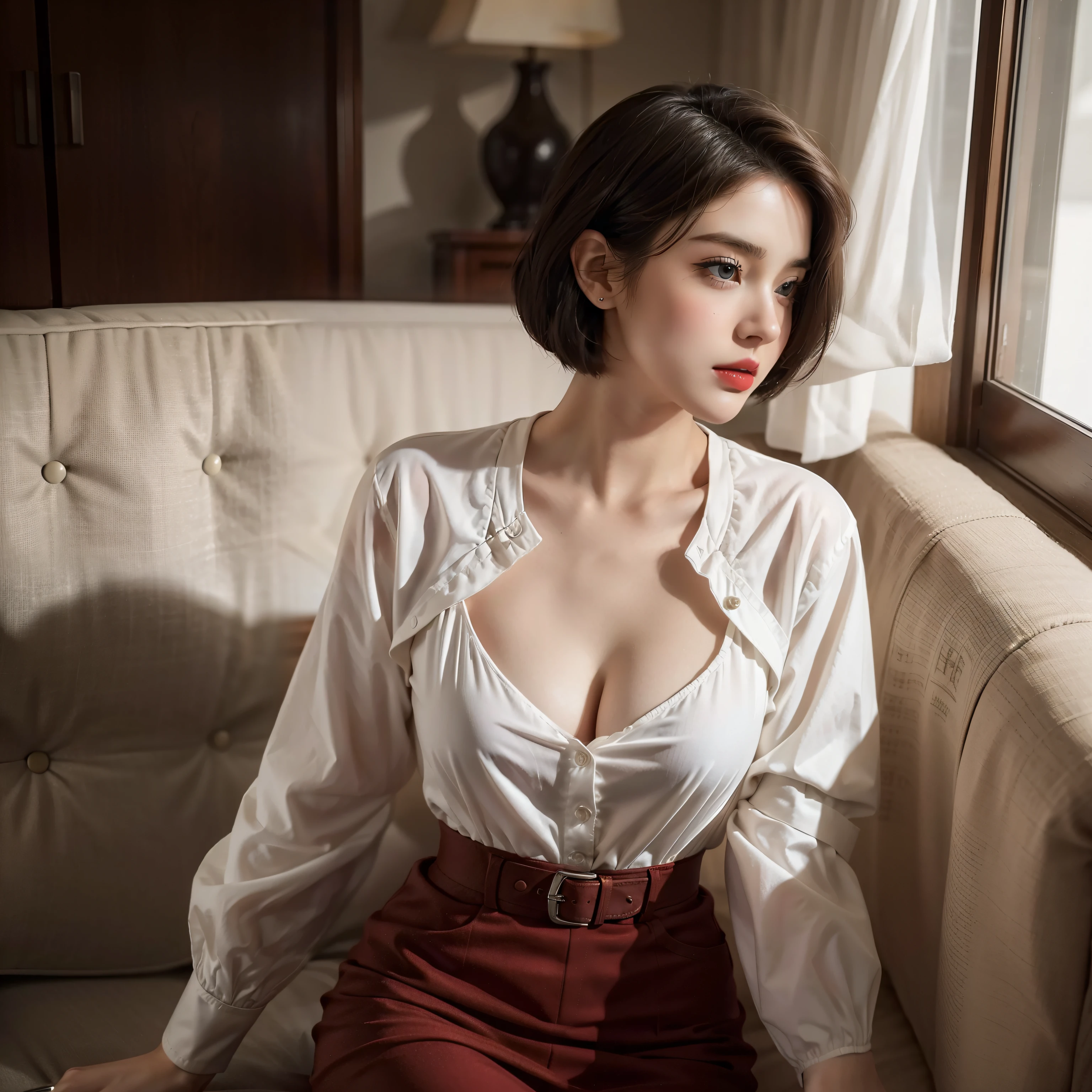 Black hair bob, (8k, RAW photo, photorealistic: 1.25), (very much lip gloss, many eyelashes, highest quality, ultra high resolution, depth of field, chromatic aberration, caustics, wide light, natural color, Japanese , Female in her 30s) Staring at the viewer, necklace, bracelet, choker, full body, big breasts, mole on chest, bare legs, see-through blouse