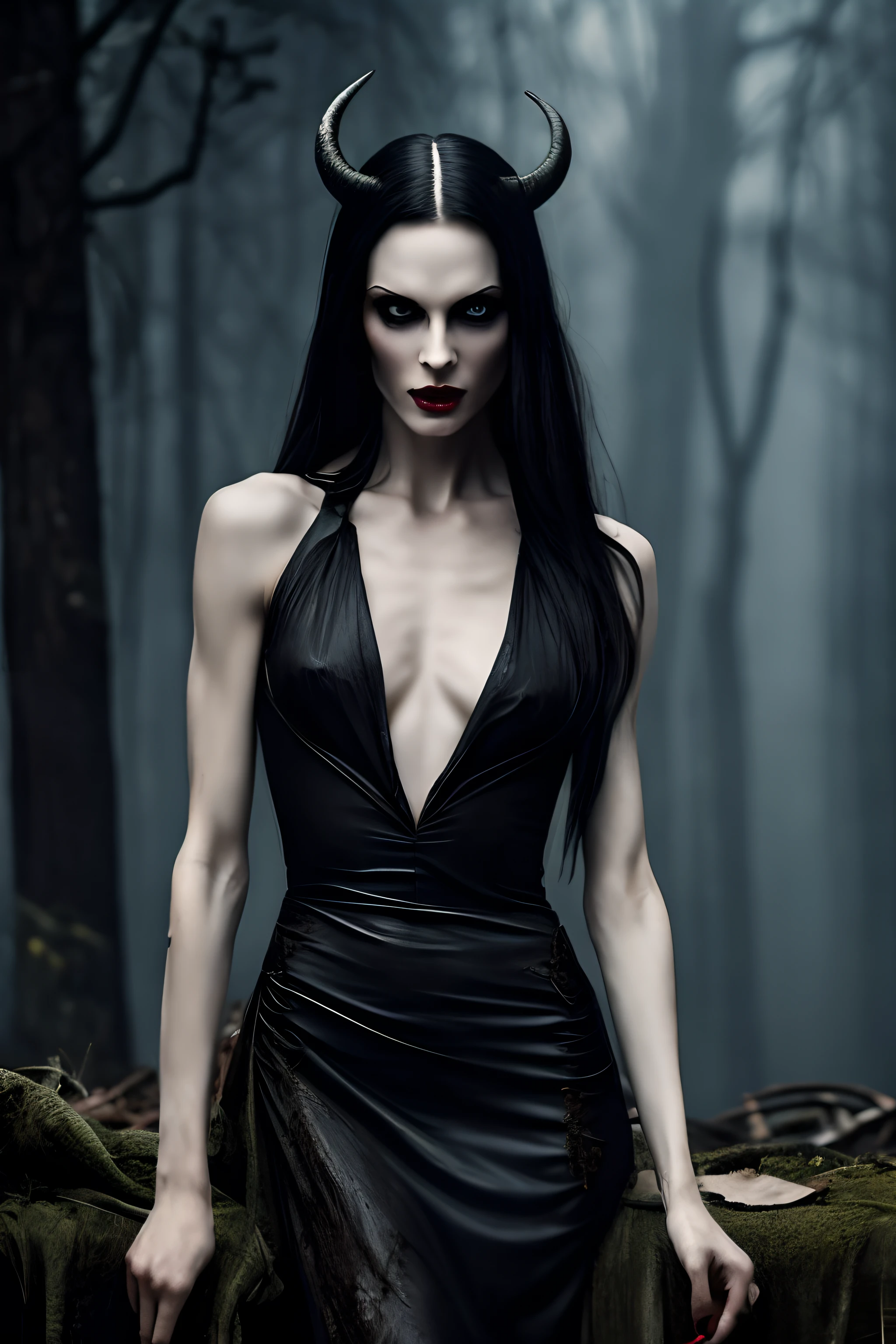 A very pale humanoid character, with red eyes, she is a Succubus, she has horns, half naked, she is crazy, nuts, horror, she is creepy, she is scary, shock value, very evil, she is attractive, evoke, fear, terror, dread, decay, disgust, she is a Psycho, dark, perfect toned body, thin, scraggly, emaciated, twisted, frightening, sick, solo, close up, (messy_long_dark_hair), fog, evil eyes, eyes glowing, looking at the viewer, menacing look, sadistic, sexual, (she is wearing a very dirty old torn_black_dress), fall weather, background is a dark forest, dusk, rising from her grave, full body, floating in the air, vampire, 1600s
