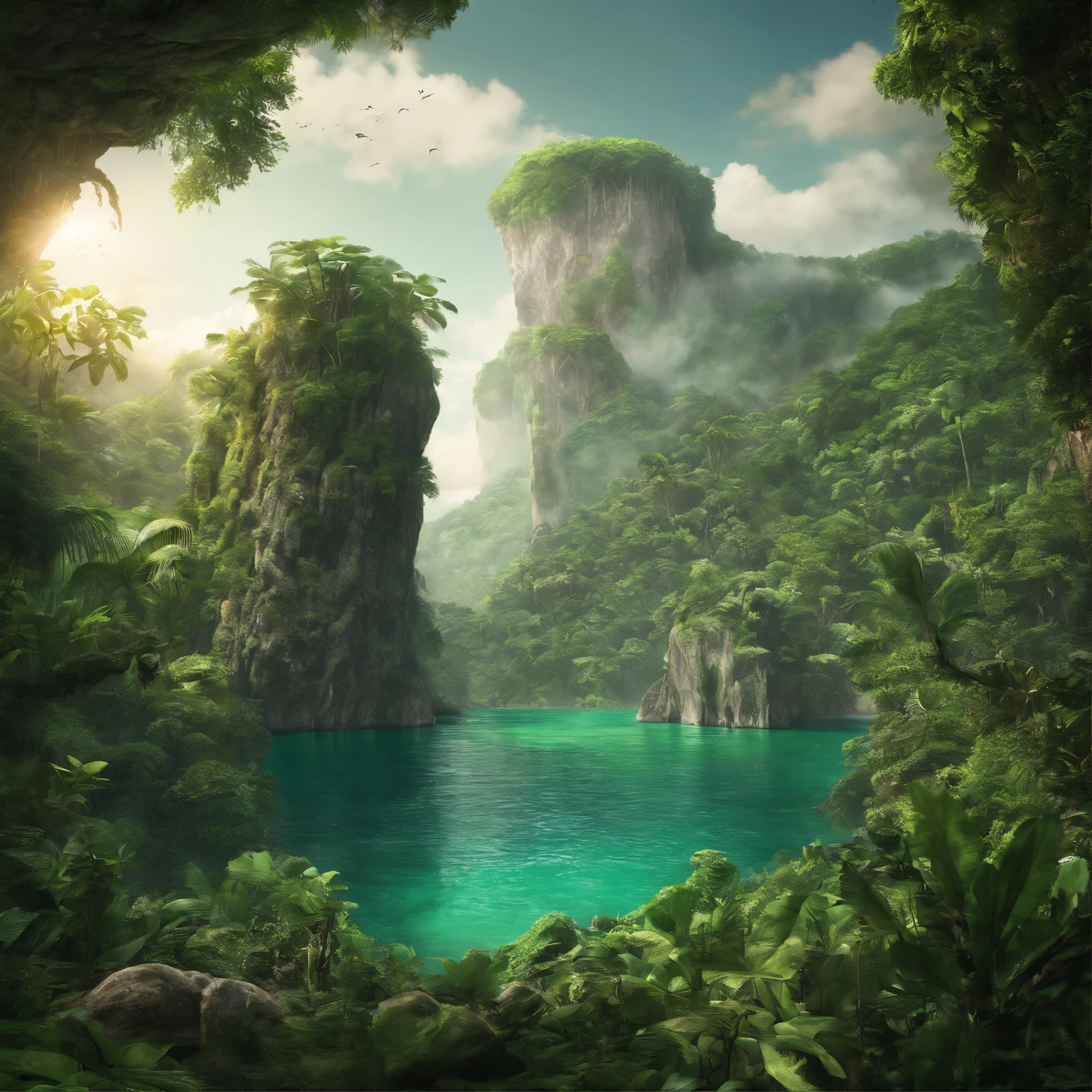 super high image, super detail, super high resolution, uninhabited island, dome-shaped island, towering cliffs, lush trees, emerald green natural cave, inanimate objects, an island without people or civilization, professional lighting