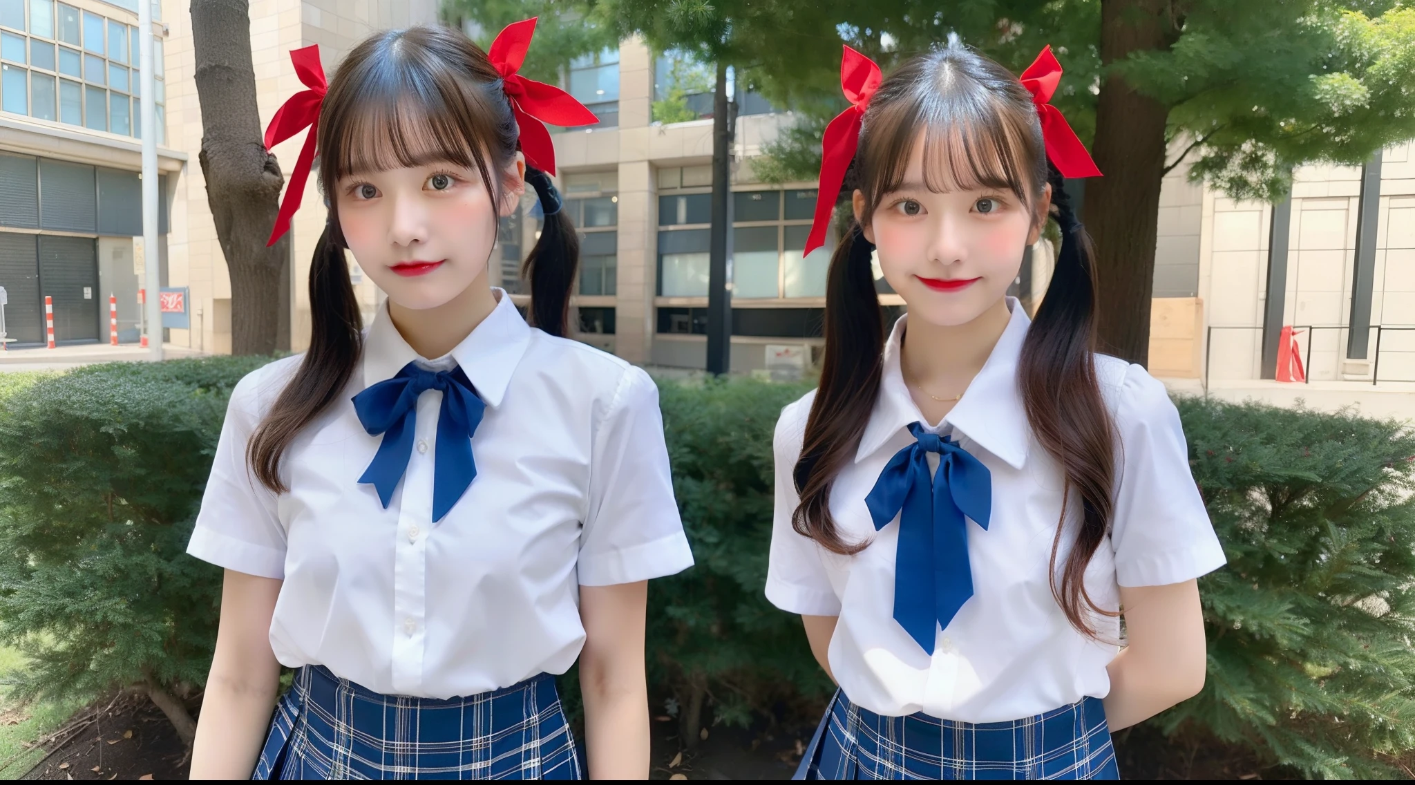 Wearing blue color mini skirt and white Y-shirt with red ribbon、18-year-old schoolgirl（poneyTail）