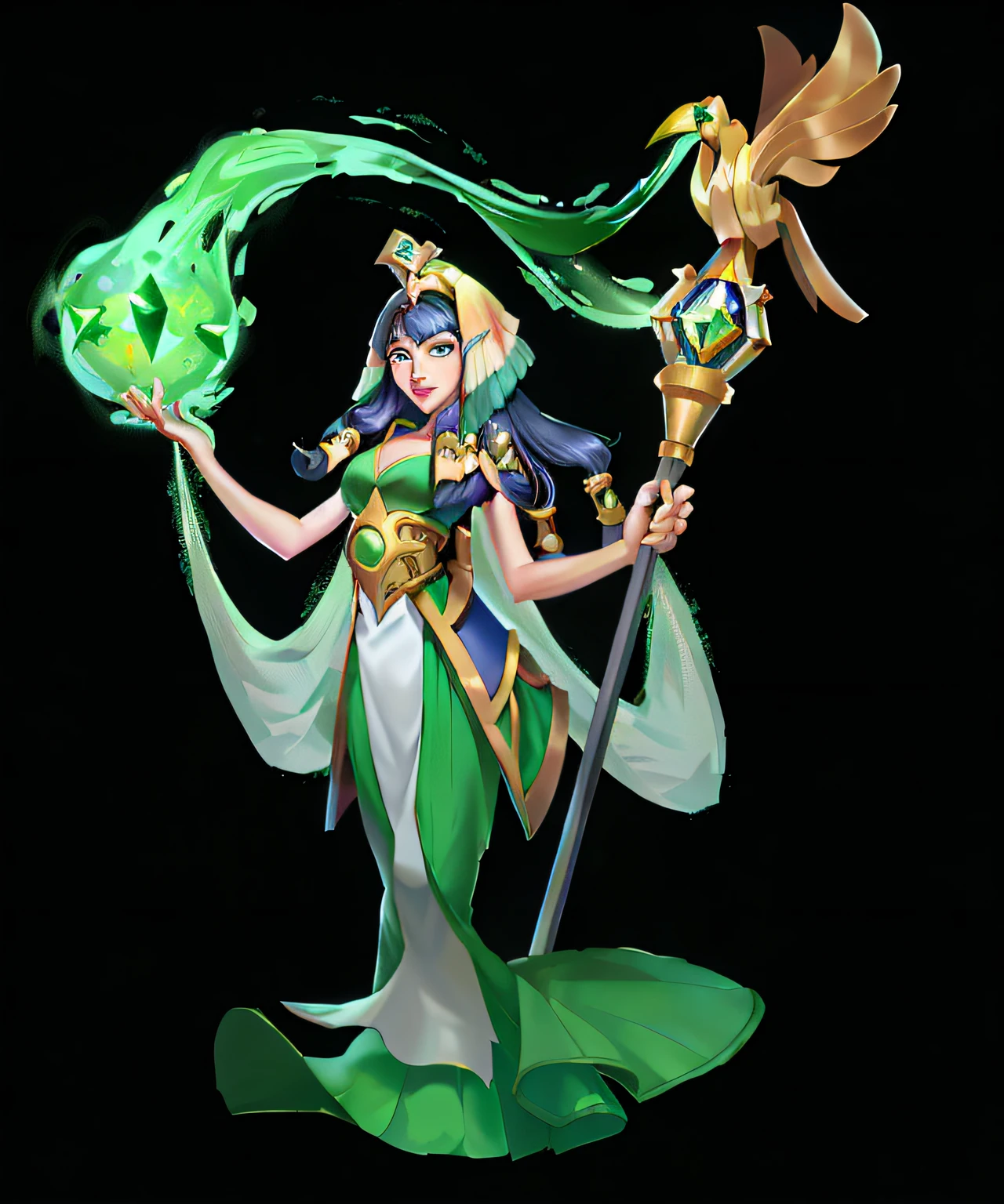 A woman in a green dress holds a green staff and a green ball, epic mage girl character, maya ali sorceress, sorceress woman, maya ali as a wind mage, elf queen nissa genesis mage, supervillain sorceress witch, maya ali as a lightning mage, mighty plump female sorceress, lady palutena, Mago da Terra Feminino