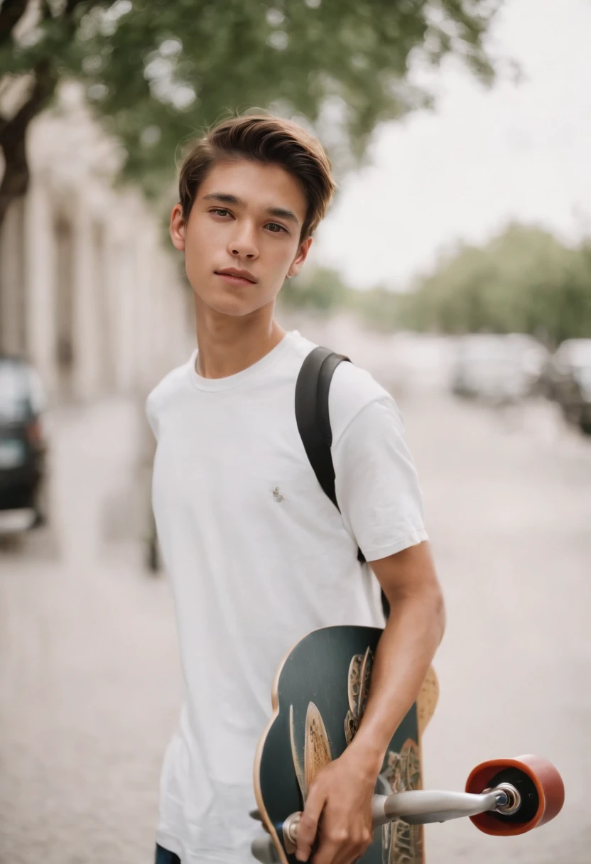 a young man holding a skate board, in the style of fujifilm quicksnap disposable camera, minimalist portraits, light white and gold, rodenstock imagon 300mm f/5.8, balanced asymmetry, heatwave,medium long shot