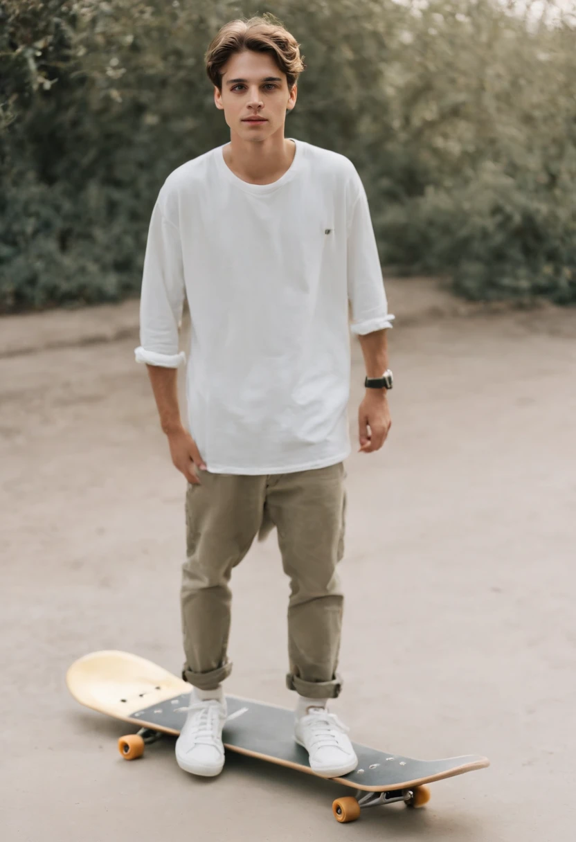 a young man holding a skate board, in the style of fujifilm quicksnap disposable camera, minimalist portraits, light white and gold, rodenstock imagon 300mm f/5.8, balanced asymmetry, heatwave,medium long shot