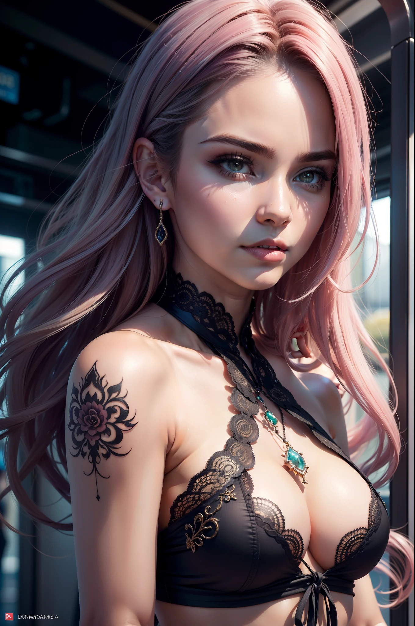 ultra high-resolution, master part, best quality, HDR , cinematic picture, Beautiful woman, Rosto em close , muito detalhado , Cabelos castanhos desarrumados, olhar meigo , Detailed lips , sombras muito definidas , jewelries , adornos nos cabelos , oriental tattoo on the arm , sensual , sexy ,
cara muito detalhada , olhos detalhados, extremamente intrincado, peles brilhantes , brilhantes perfeitas, perfect lighting, Detailed lighting, Shadows Dramatic ,ray tracing,
1girl,parte superior do corpo, Espartilho rosa, olhando para o telespectador, fundo em Metro , subway station, 8k