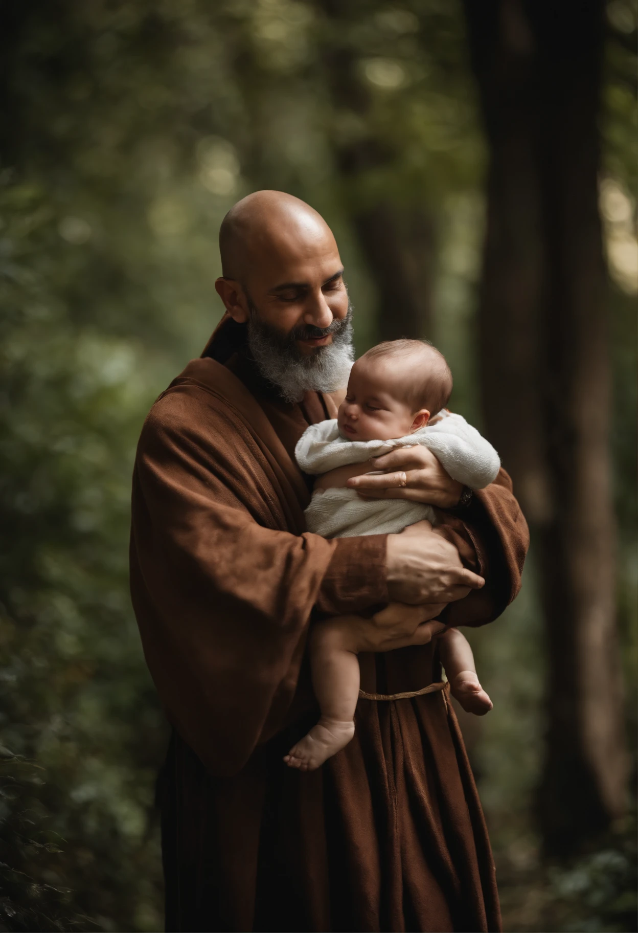 crie uma imagem colorida de um homem com roupas de franciscano, with the top of the head shaved as used in the Franciscan religious order, o homem tem um olhar amoroso e que transmite paz, imagem de corpo inteiro, The man carries a  Jesus in his arm. o menino esta vestindo uma tunica azul celeste. imagem realistica, arte suprema, acabamento e detalhes da imagem primorosos, cinematic picture, 8k.