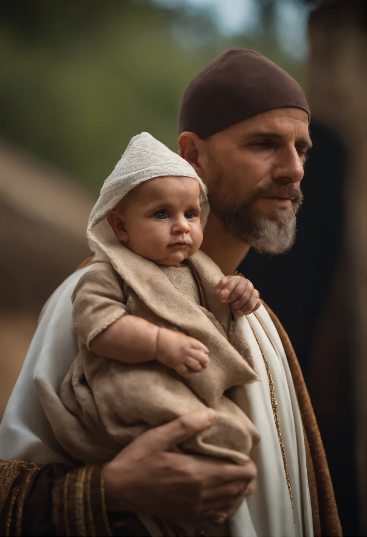 crie uma imagem colorida de um homem com roupas de franciscano, with the top of the head shaved as used in the Franciscan religious order, o homem tem um olhar amoroso e que transmite paz, imagem de corpo inteiro, The man carries a  Jesus in his arm. o menino esta vestindo uma tunica azul celeste. imagem realistica, arte suprema, acabamento e detalhes da imagem primorosos, cinematic picture, 8k.