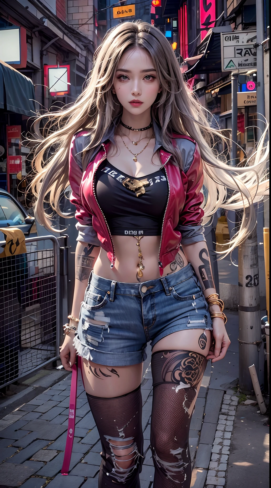 high resolution, 1 woman, hips up, Beautiful eyes, Long hair, jewelry, tattoo, street wear