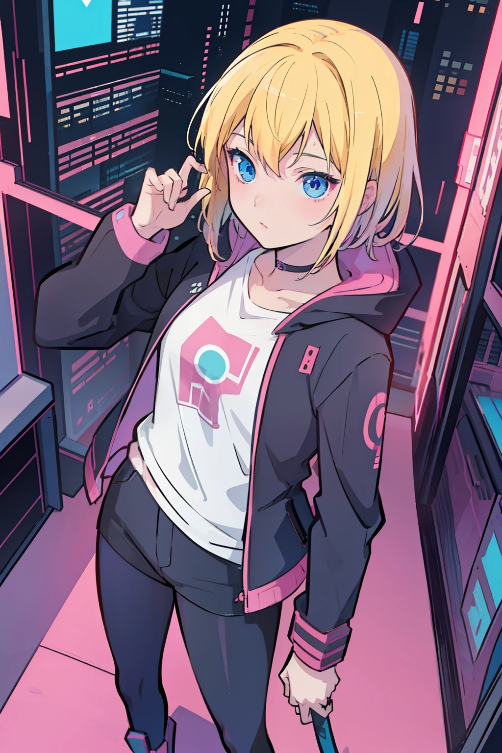 solo, 1girl, (masterpiece), (( appearance)), Blonde hair, blue eyes, anime girl, Dark pink suéter, Black pants, cyberpunk city,