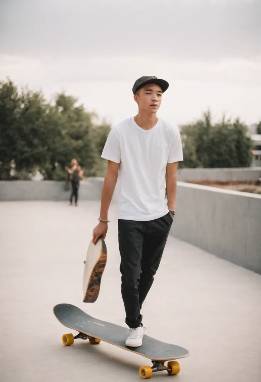 a young man holding a skate board, in the style of fujifilm quicksnap disposable camera, minimalist portraits, light white and gold, rodenstock imagon 300mm f/5.8, balanced asymmetry, heatwave，upper body