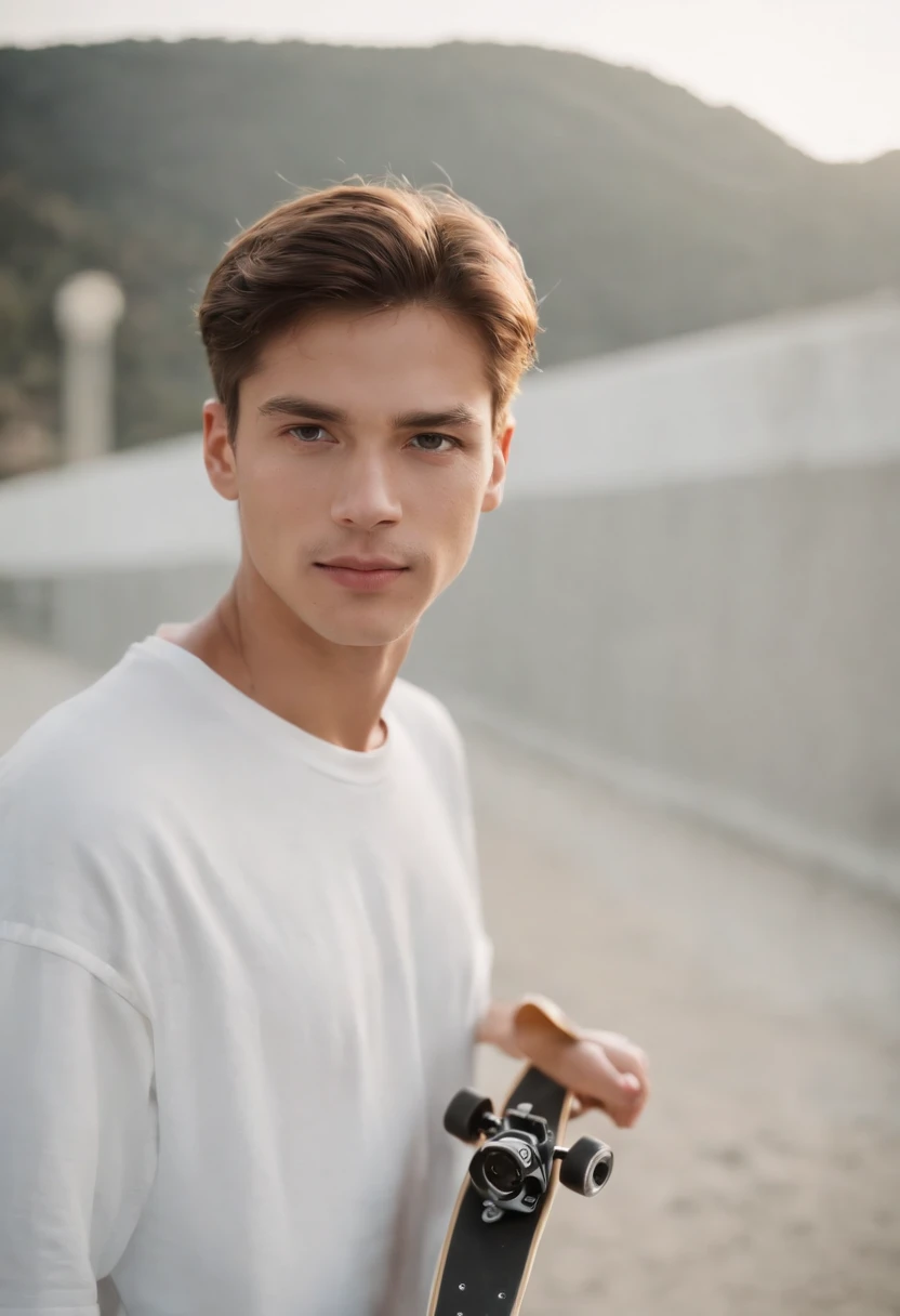a young man holding a skate board, in the style of fujifilm quicksnap disposable camera, minimalist portraits, light white and gold, rodenstock imagon 300mm f/5.8, balanced asymmetry, heatwave，upper body