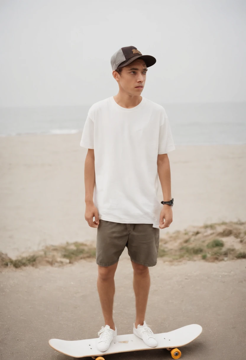 a young man holding a skate board, in the style of fujifilm quicksnap disposable camera, minimalist portraits, light white and gold, rodenstock imagon 300mm f/5.8, balanced asymmetry, heatwave，upper body